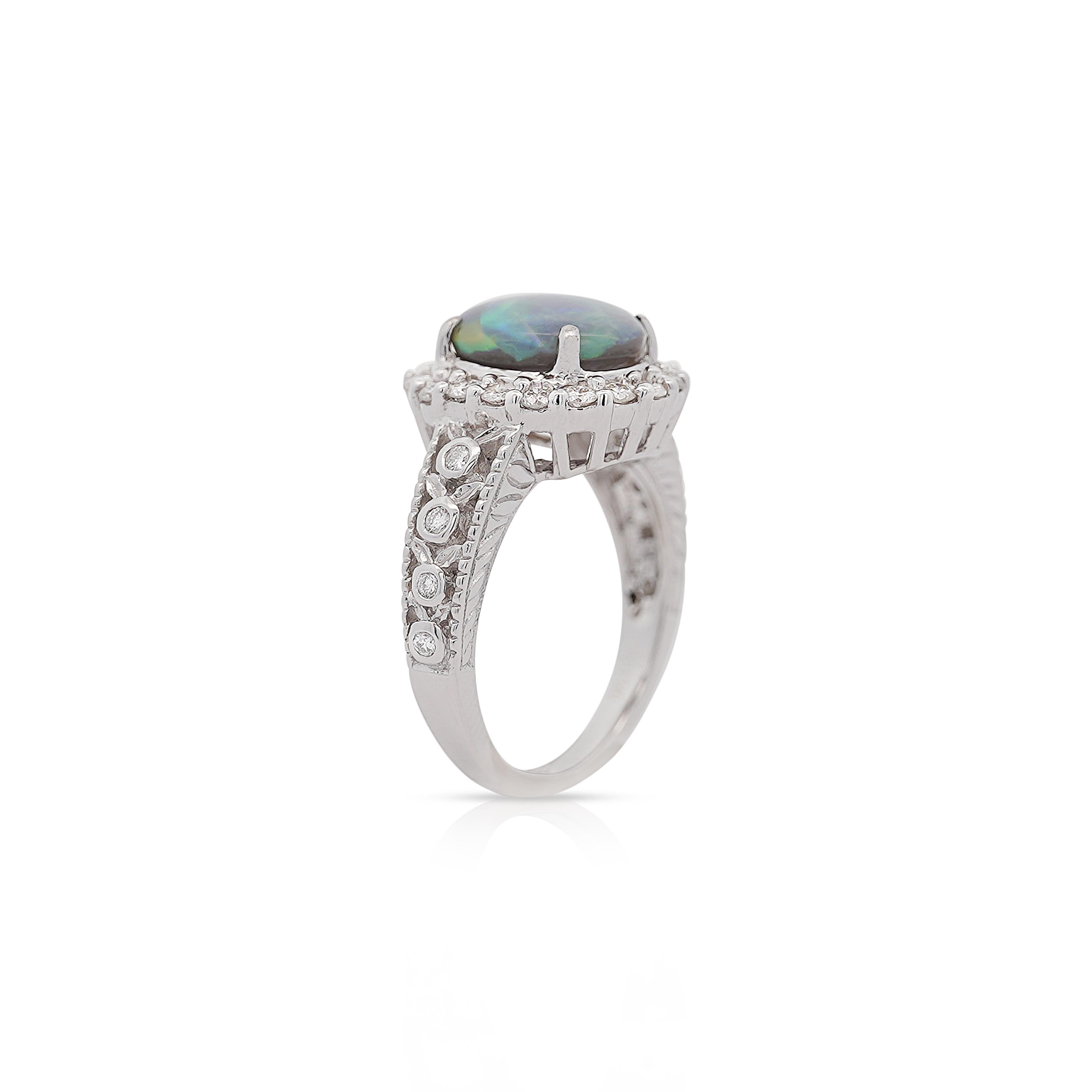 Natural 3.50 Carat Australian Black Opal & Diamond Set Platinum 900 Statement Ring, Size 7.75. 

Details:
Item Type: Statement Ring
Metal: Platinum 900
Size: 7.75 (adjustable)
Weight: 12.54 Grams
 
Center Stone Details:
Type: Black Opal
Carat: 2.91