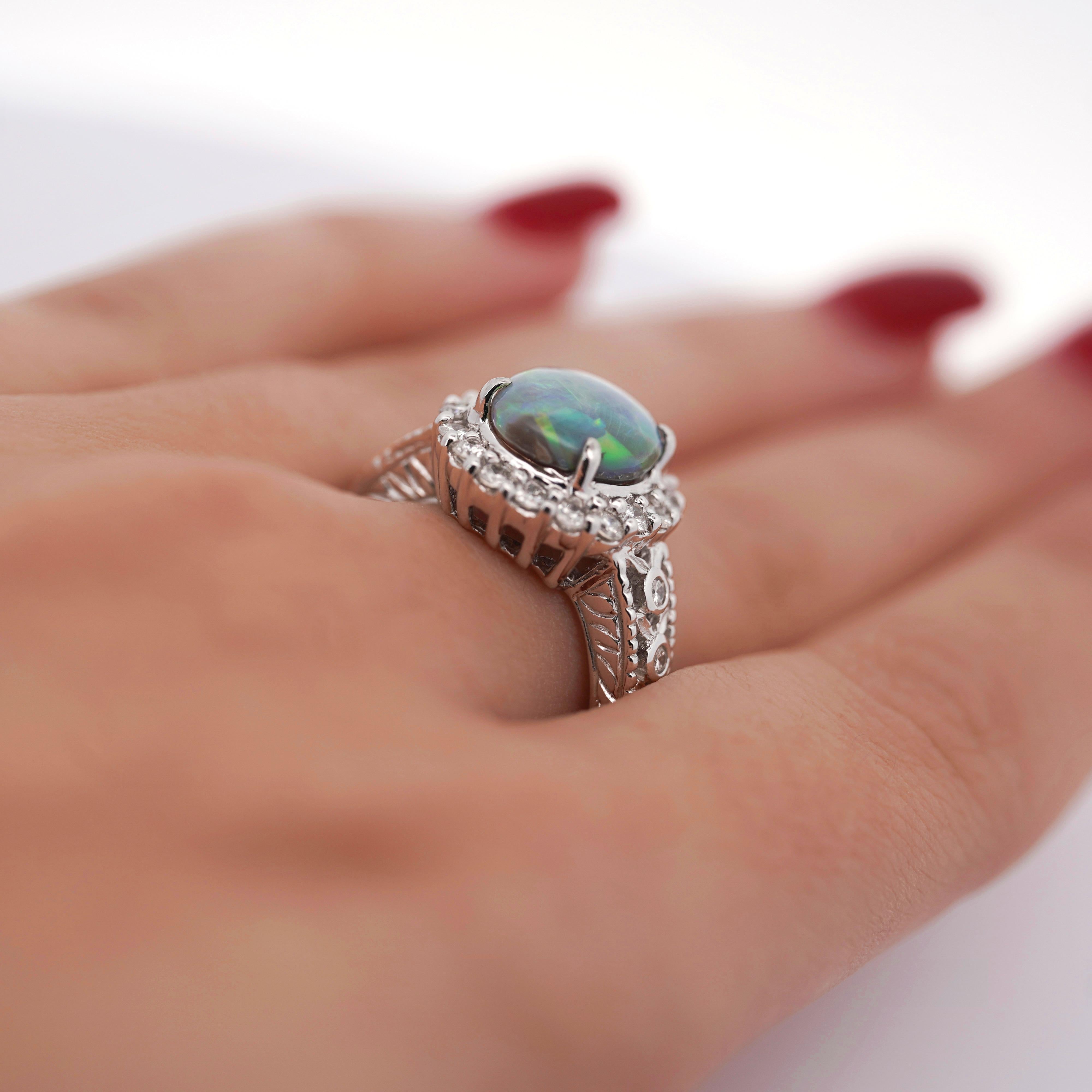 Baroque 3.50 Carat Black Opal & Diamond Halo Platinum Filigree Ring For Sale