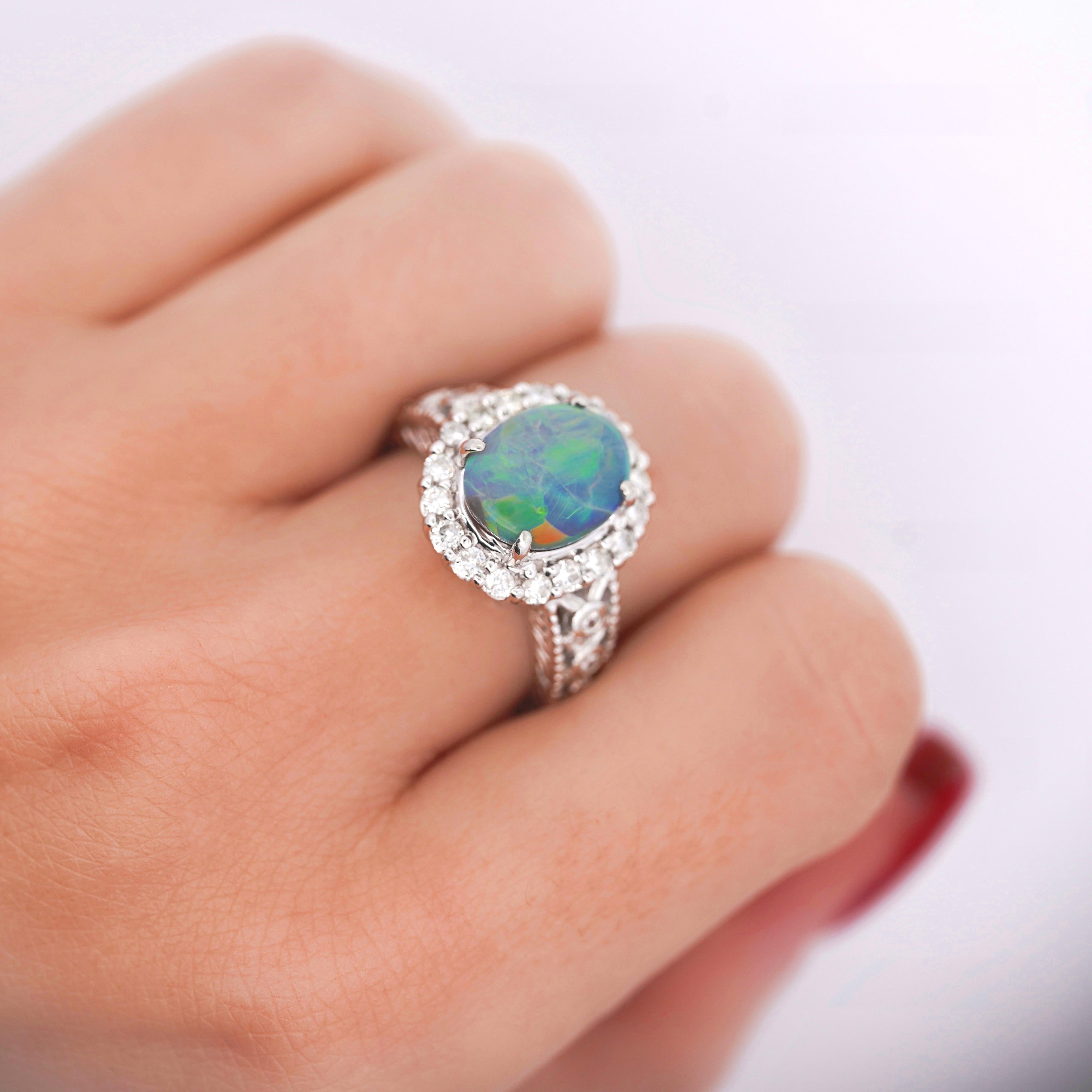 Oval Cut 3.50 Carat Black Opal & Diamond Halo Platinum Filigree Ring For Sale
