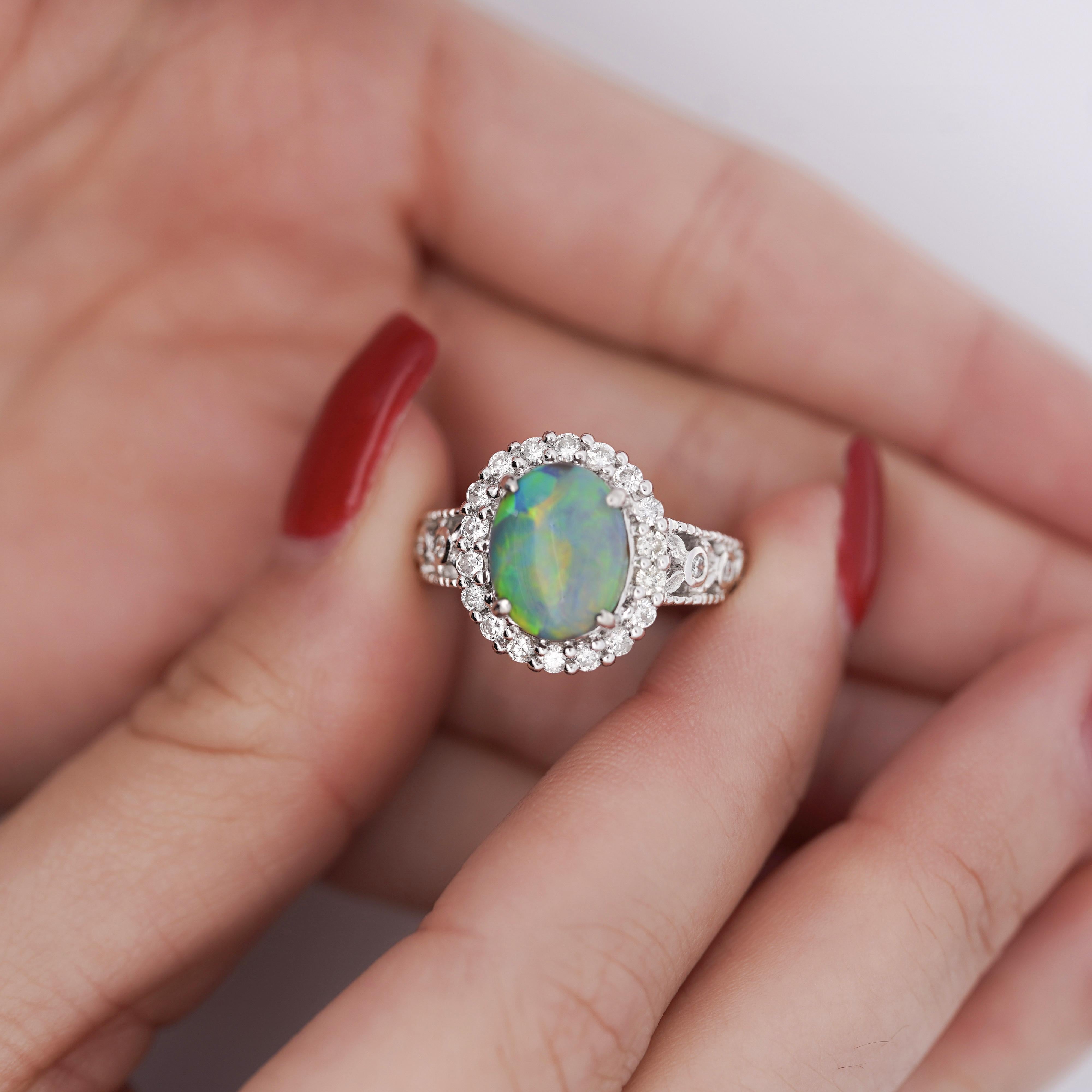 3.50 Carat Black Opal & Diamond Halo Platinum Filigree Ring In New Condition For Sale In Miami, FL