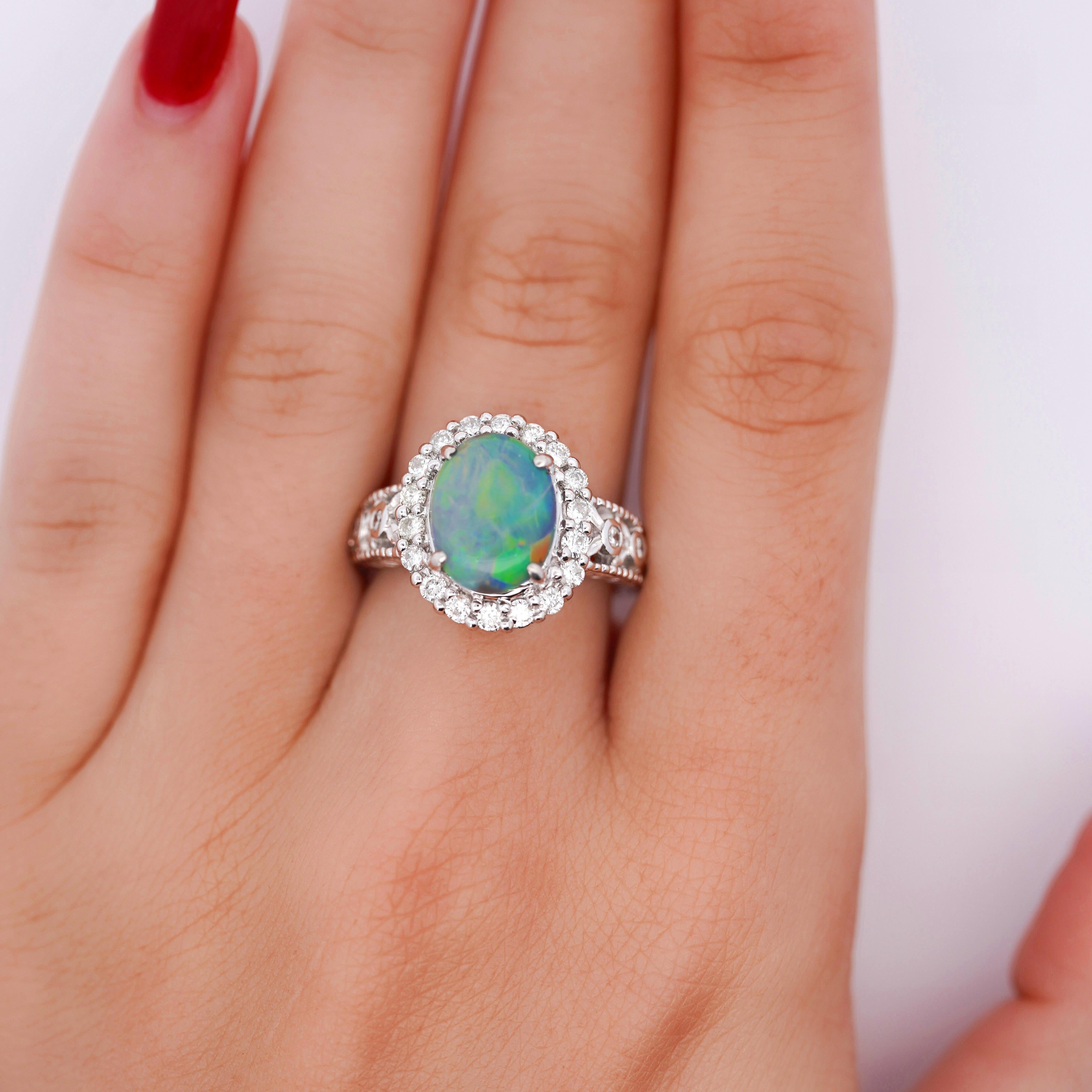 Women's 3.50 Carat Black Opal & Diamond Halo Platinum Filigree Ring For Sale