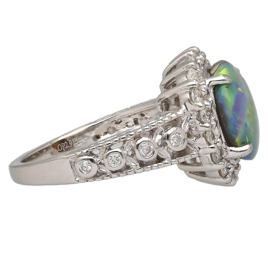 3.50 Carat Black Opal & Diamond Halo Platinum Filigree Ring For Sale 1