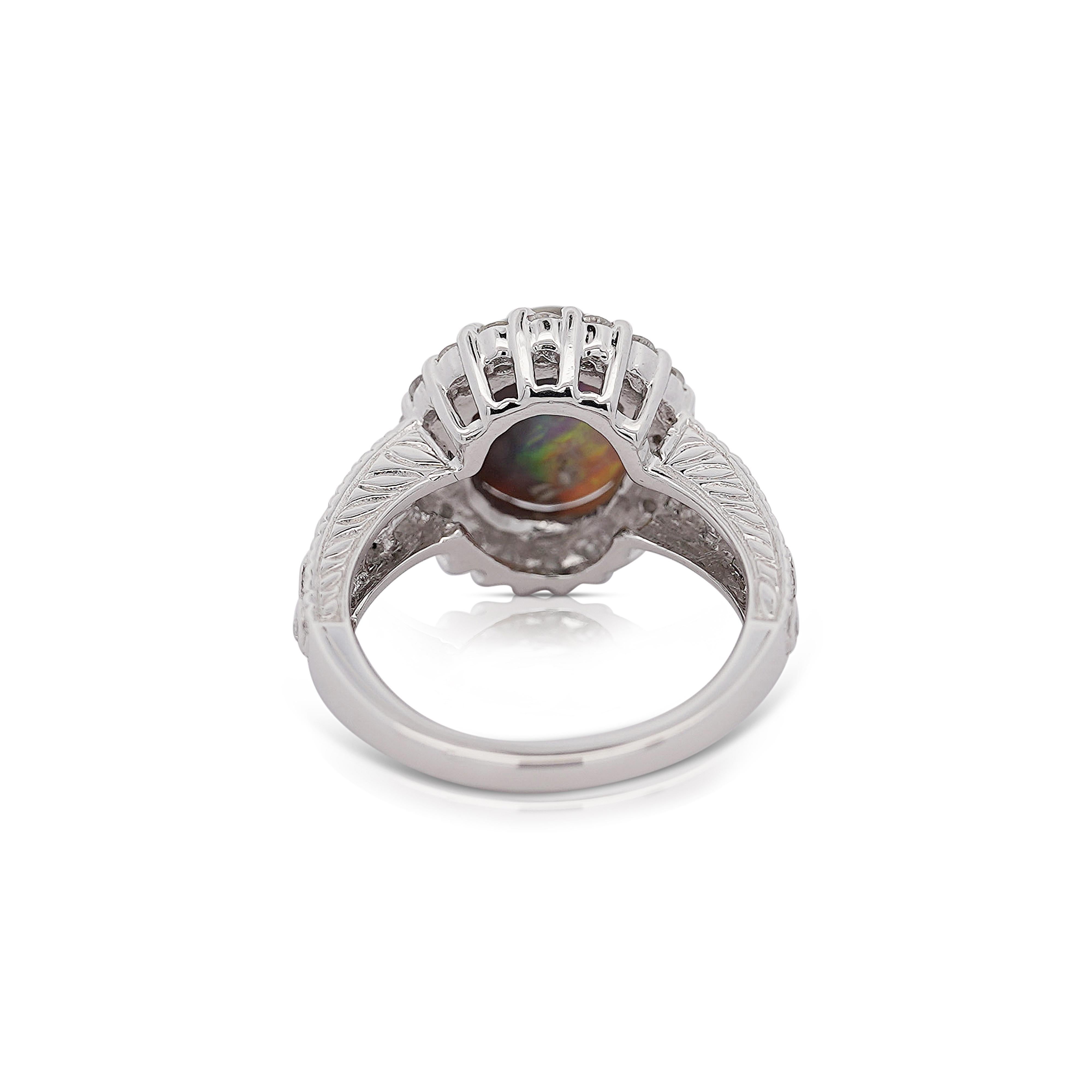 3.50 Carat Black Opal & Diamond Halo Platinum Filigree Ring For Sale 2