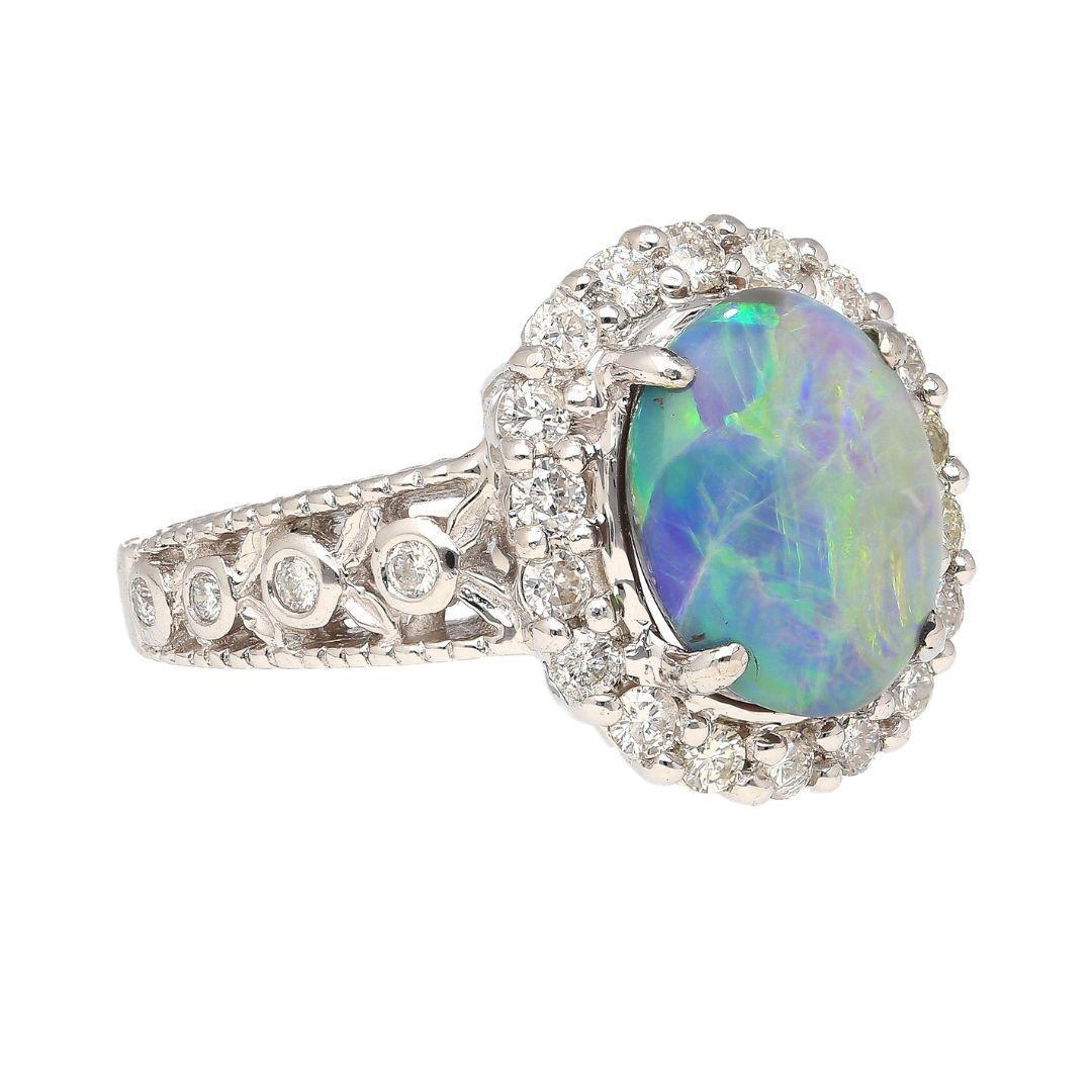 3.50 Carat Black Opal & Diamond Halo Platinum Filigree Ring For Sale 3