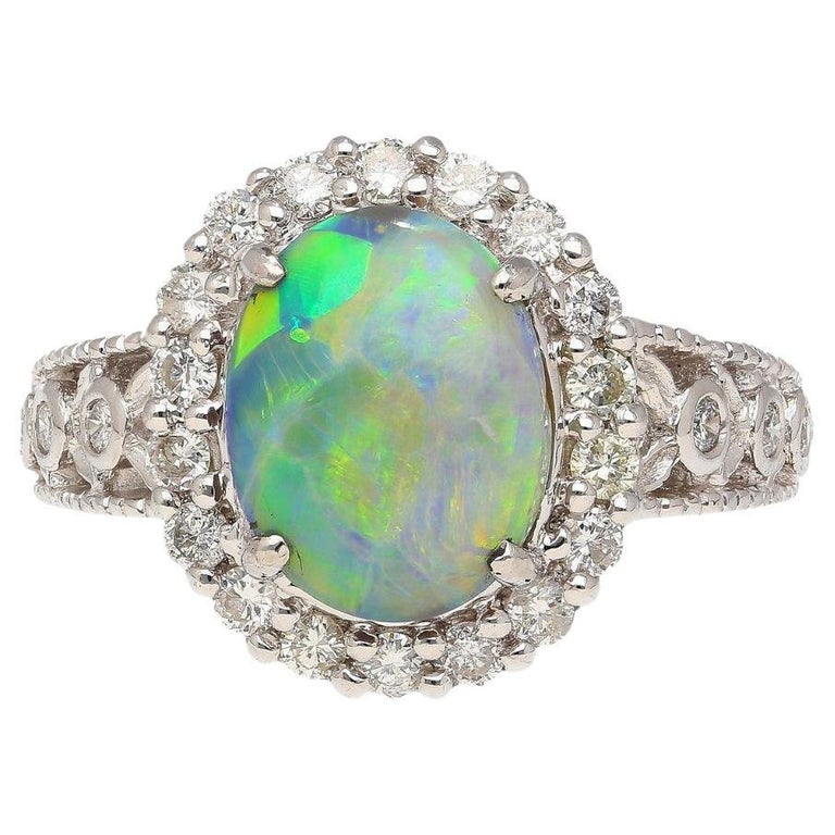 Carat Black Opal and Diamond Halo Platinum Filigree Ring For