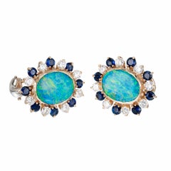 3.50 Carat Boulder Opal Sapphire Diamond Gold Clip Post Earrings