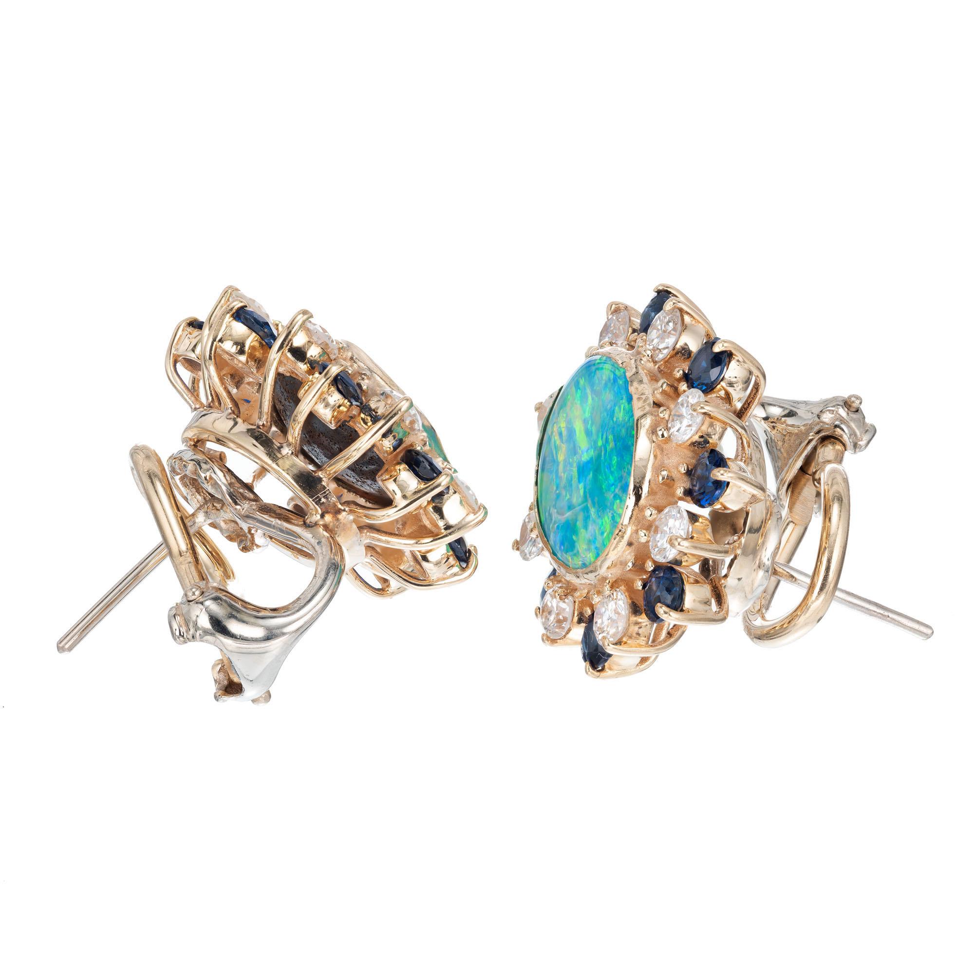 Oval Cut 3.50 Carat Boulder Opal Sapphire Diamond Gold Clip Post Earrings