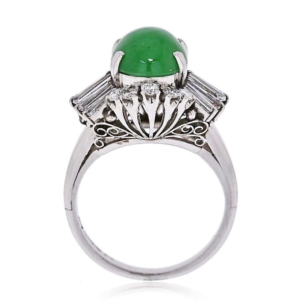 Art Deco 3.50 Carat Cabochon Cut Jade and Baguette Cut Diamonds Set in Platinum Ring