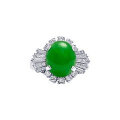 3.50 Carat Cabochon Cut Jade and Baguette Cut Diamonds Set in Platinum Ring