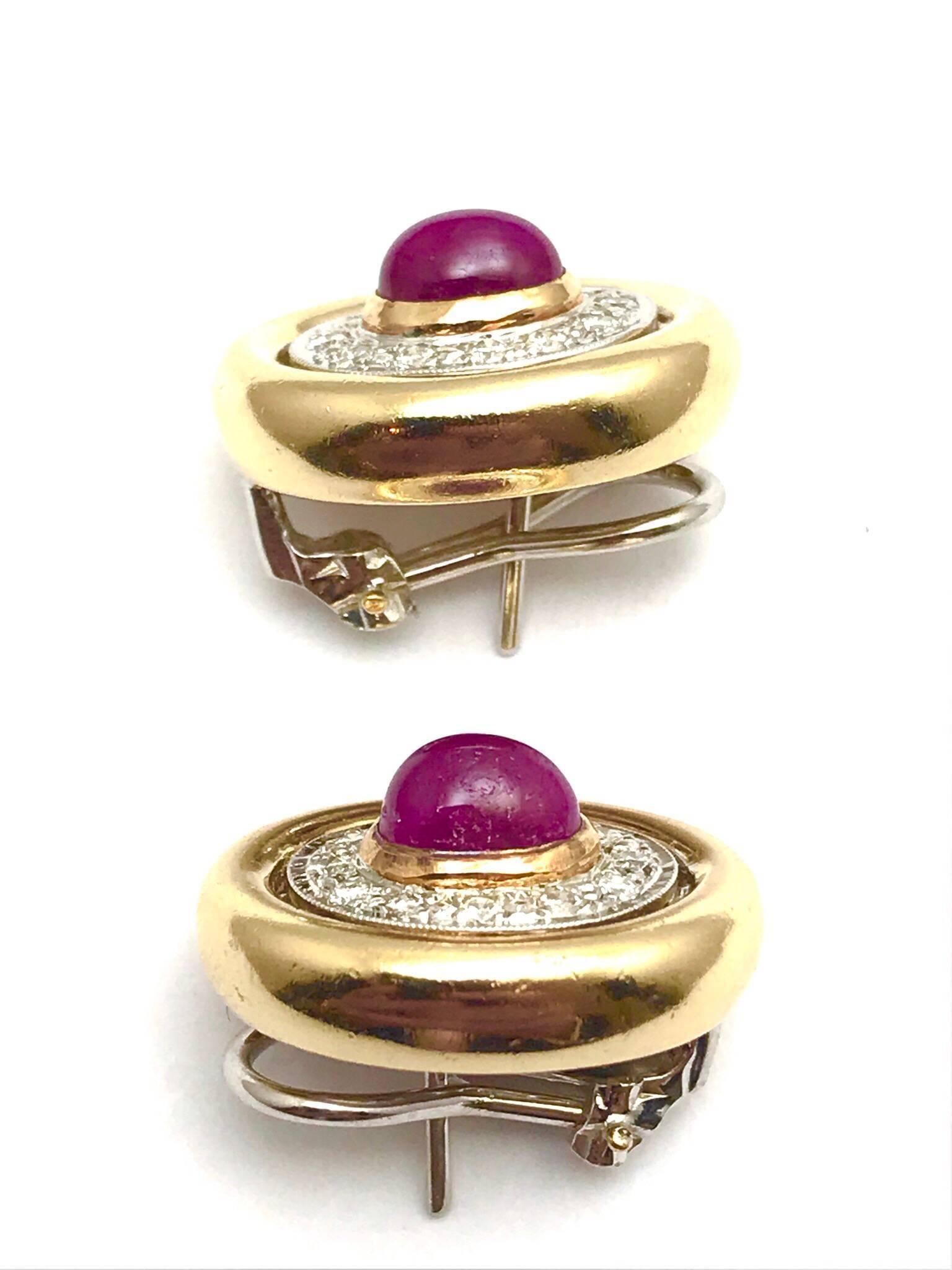 Retro 3.50 Carat Cabochon Ruby an Diamond Gold Clip and Post Earrings For Sale