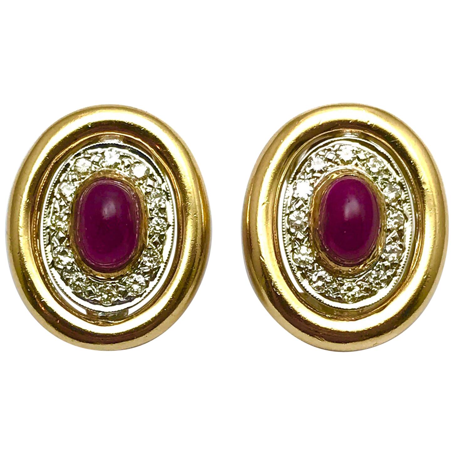 3.50 Carat Cabochon Ruby an Diamond Gold Clip and Post Earrings For Sale