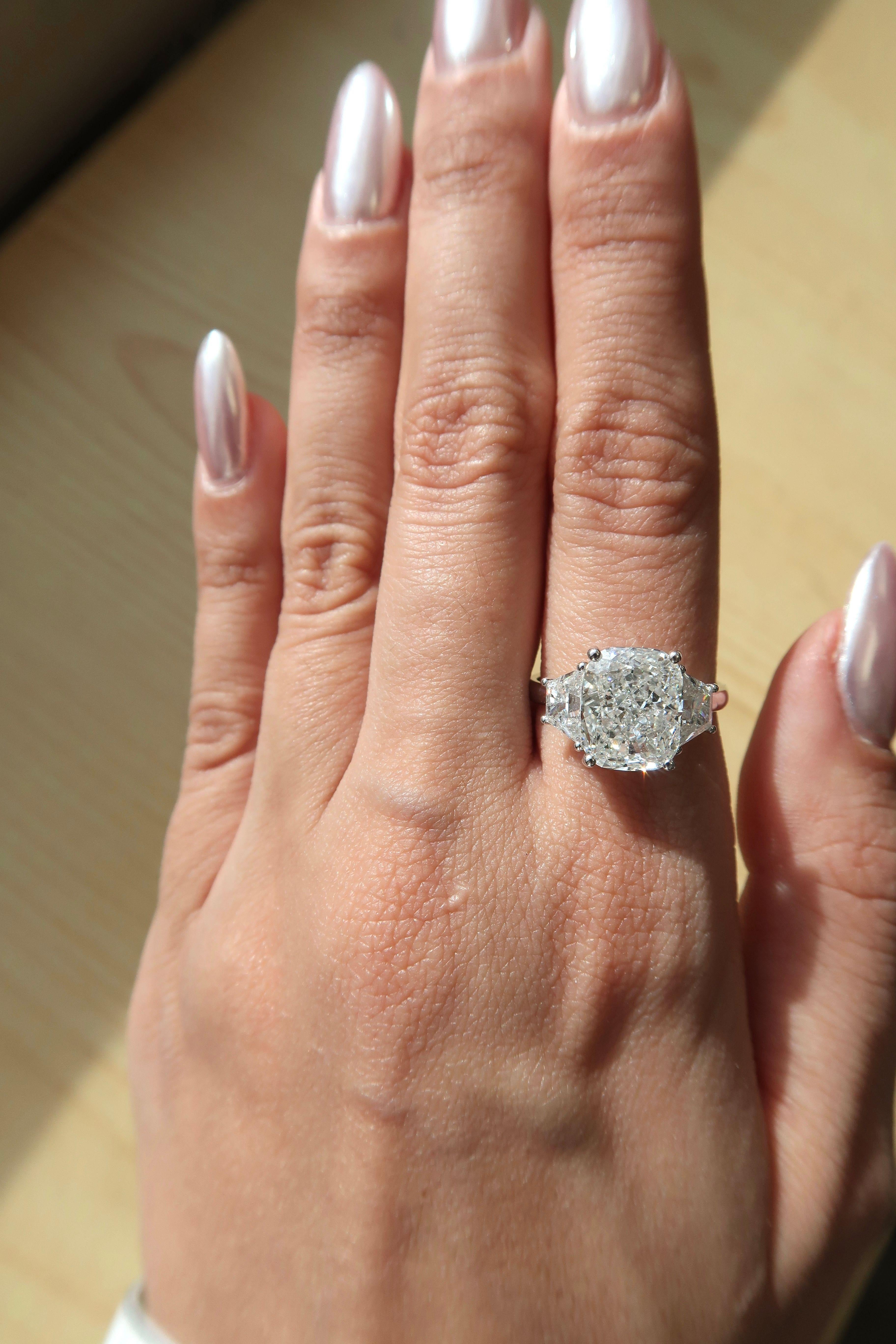 Women's 3.50 Carat Cushion Cut Diamond Three-Stone Engagement Ring, 18K Gold, GIA Report