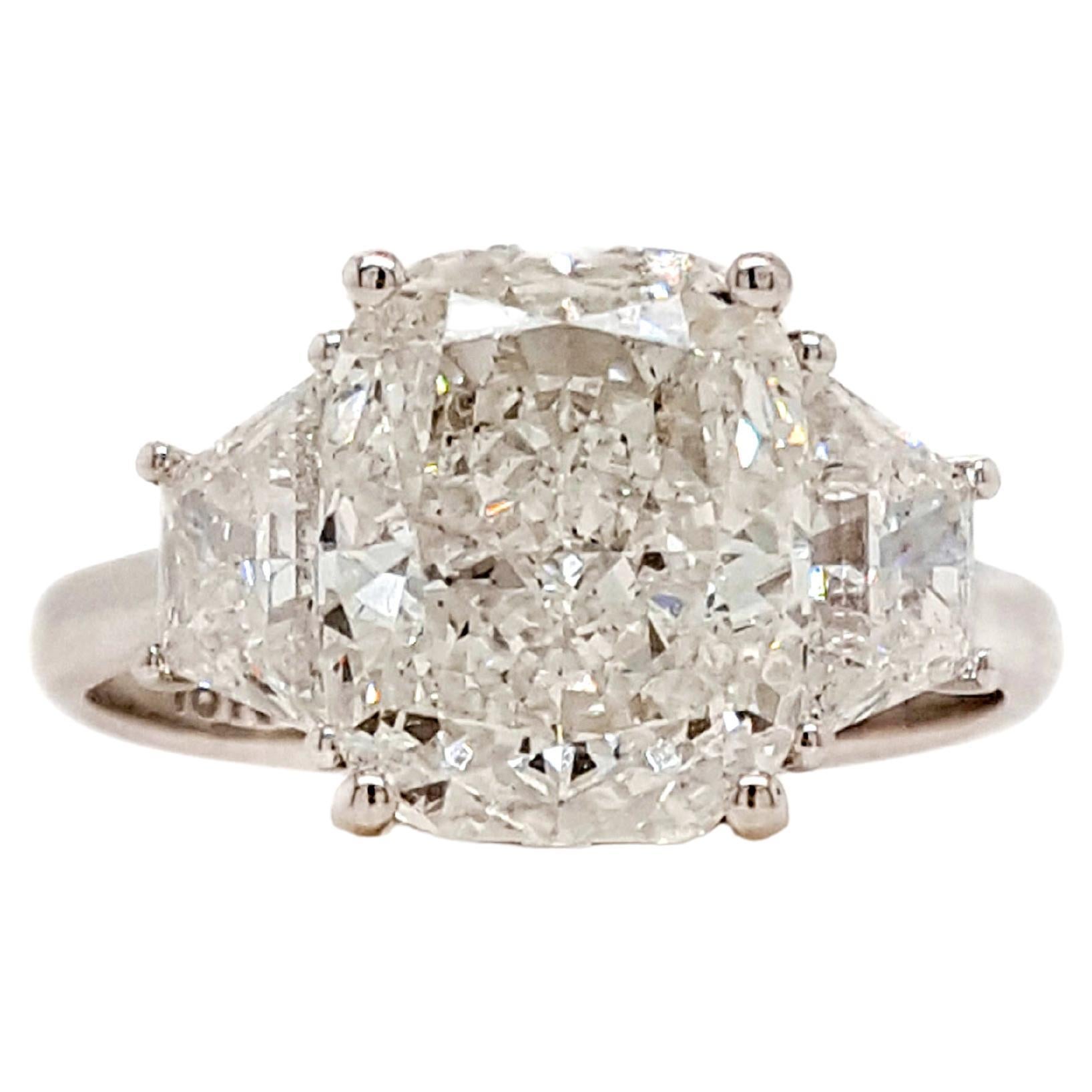 3.50 Carat Cushion Cut Diamond Three-Stone Engagement Ring, 18K Gold, GIA Report