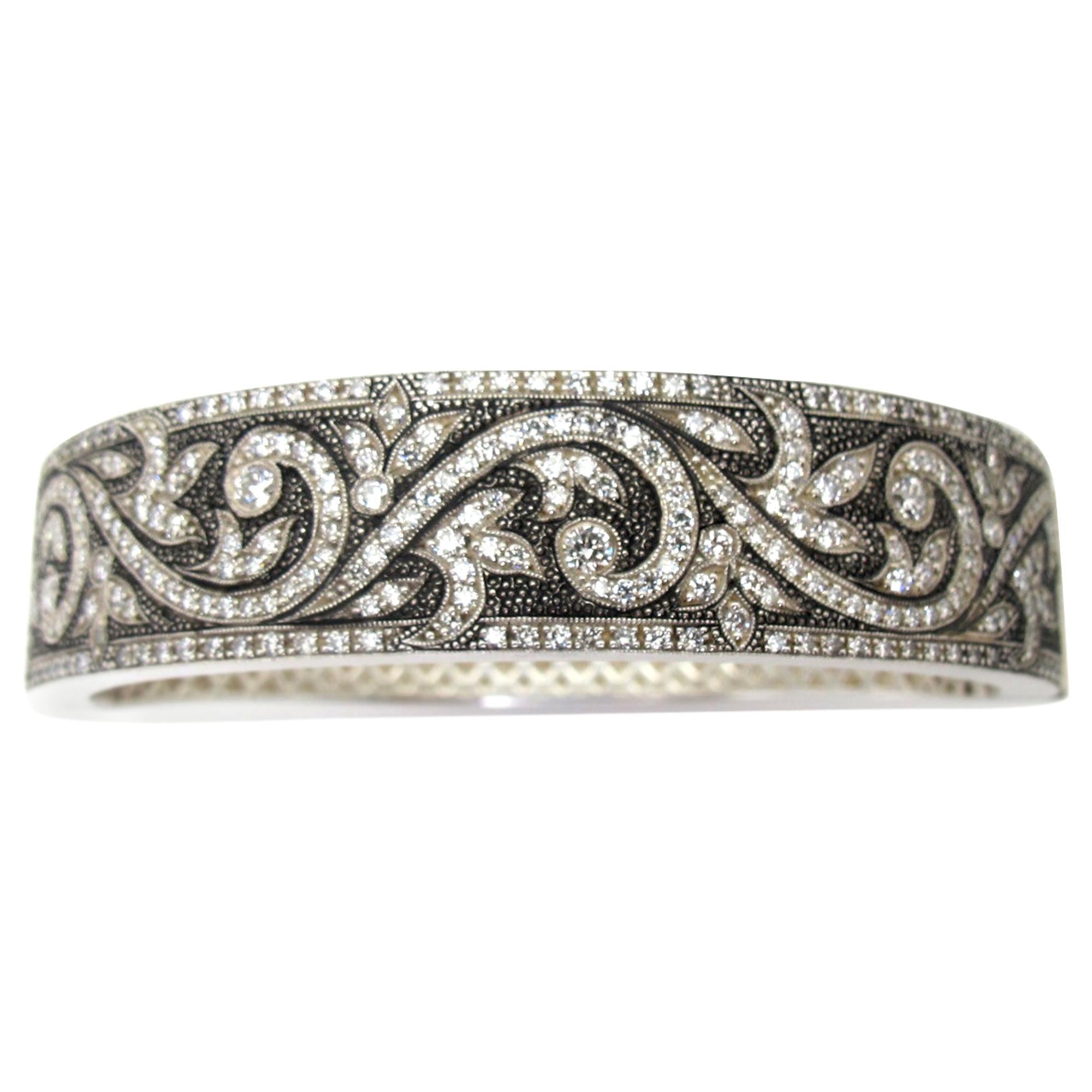 Diamond & Blackened Sterling Silver Scroll Bangle Bracelet, 3.50 Carats Total  For Sale