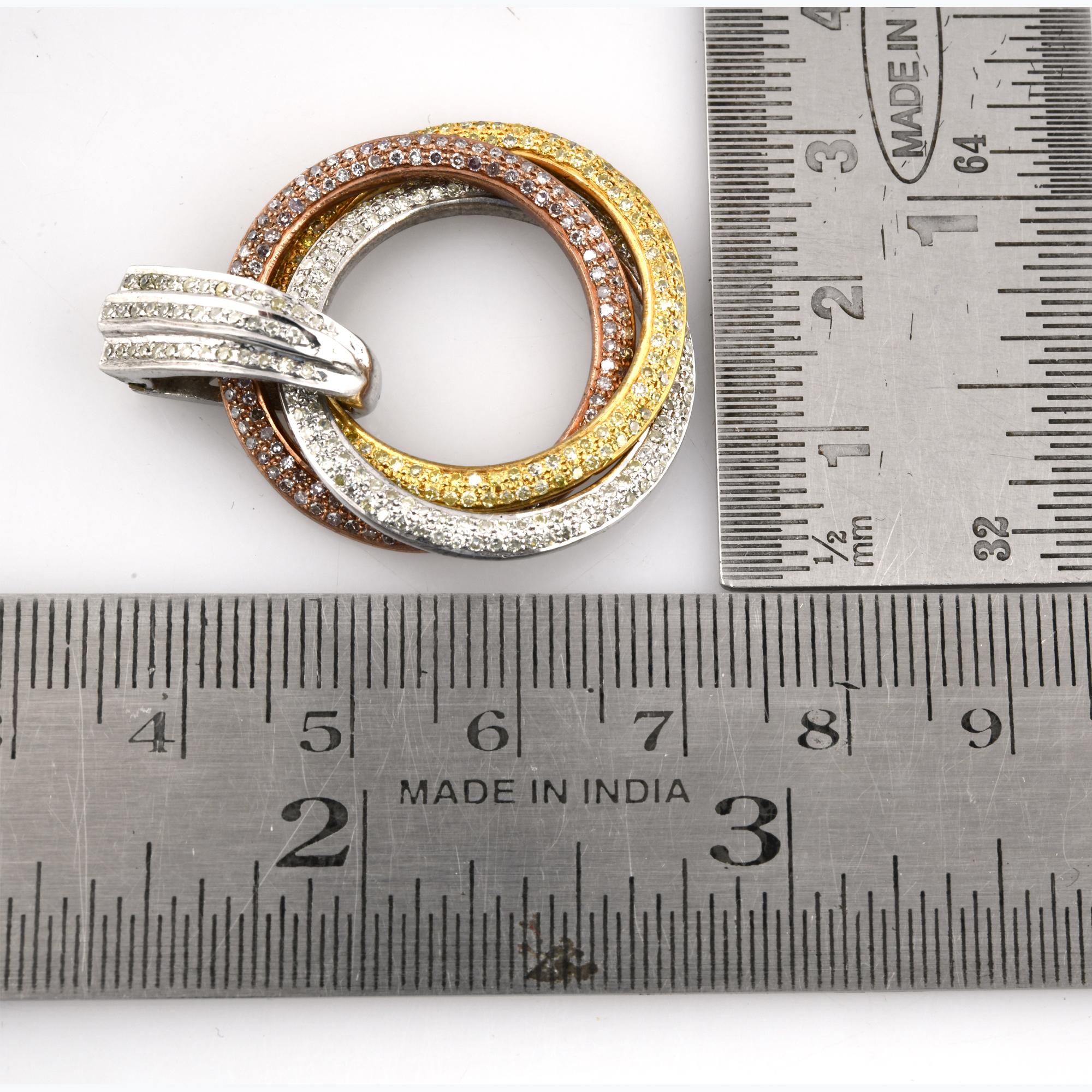 Round Cut 3.50 Carat Diamond Pave Three Circle Tri Tone Silver Pendant Handmade Jewelry For Sale