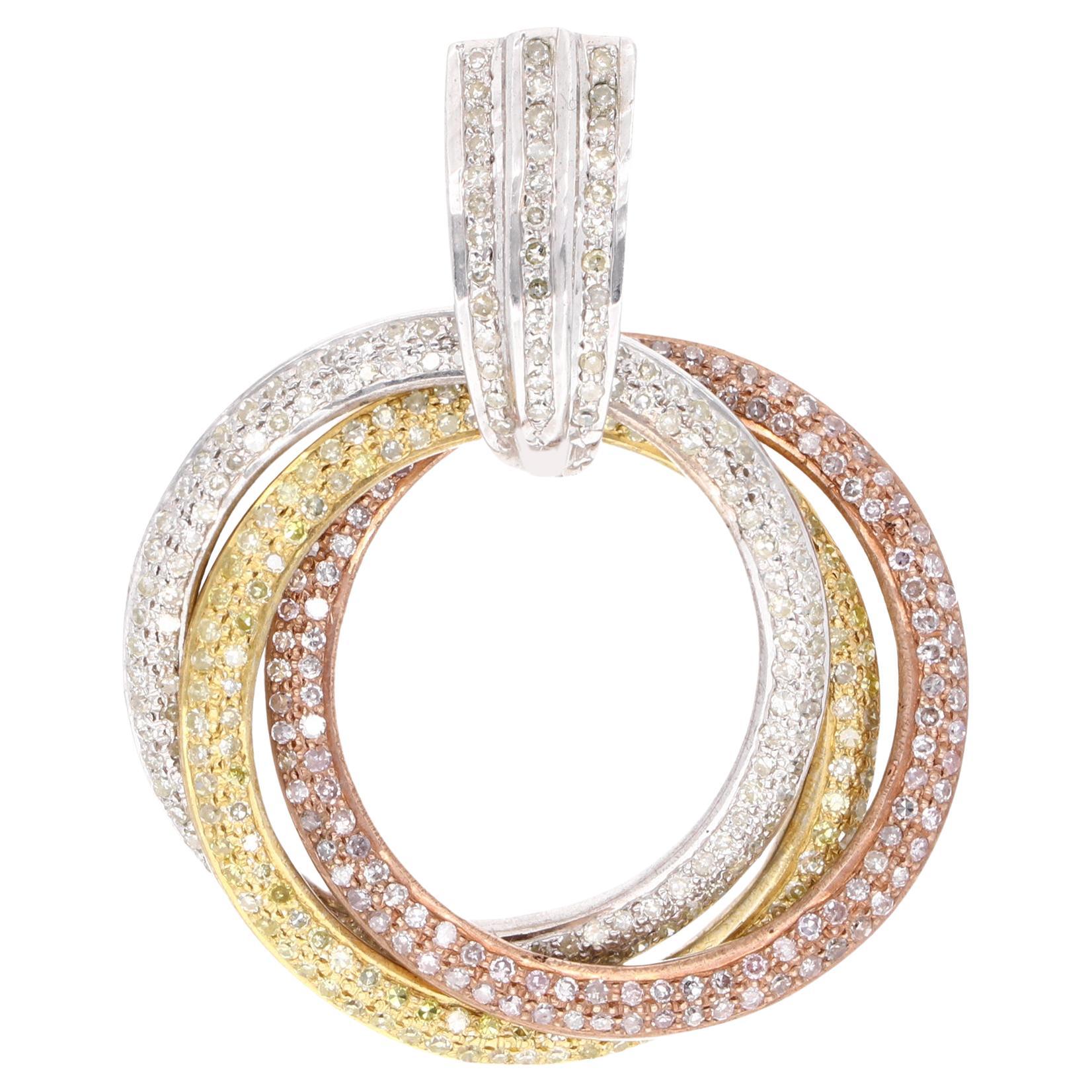 3.50 Carat Diamond Pave Three Circle Tri Tone Silver Pendant Handmade Jewelry For Sale