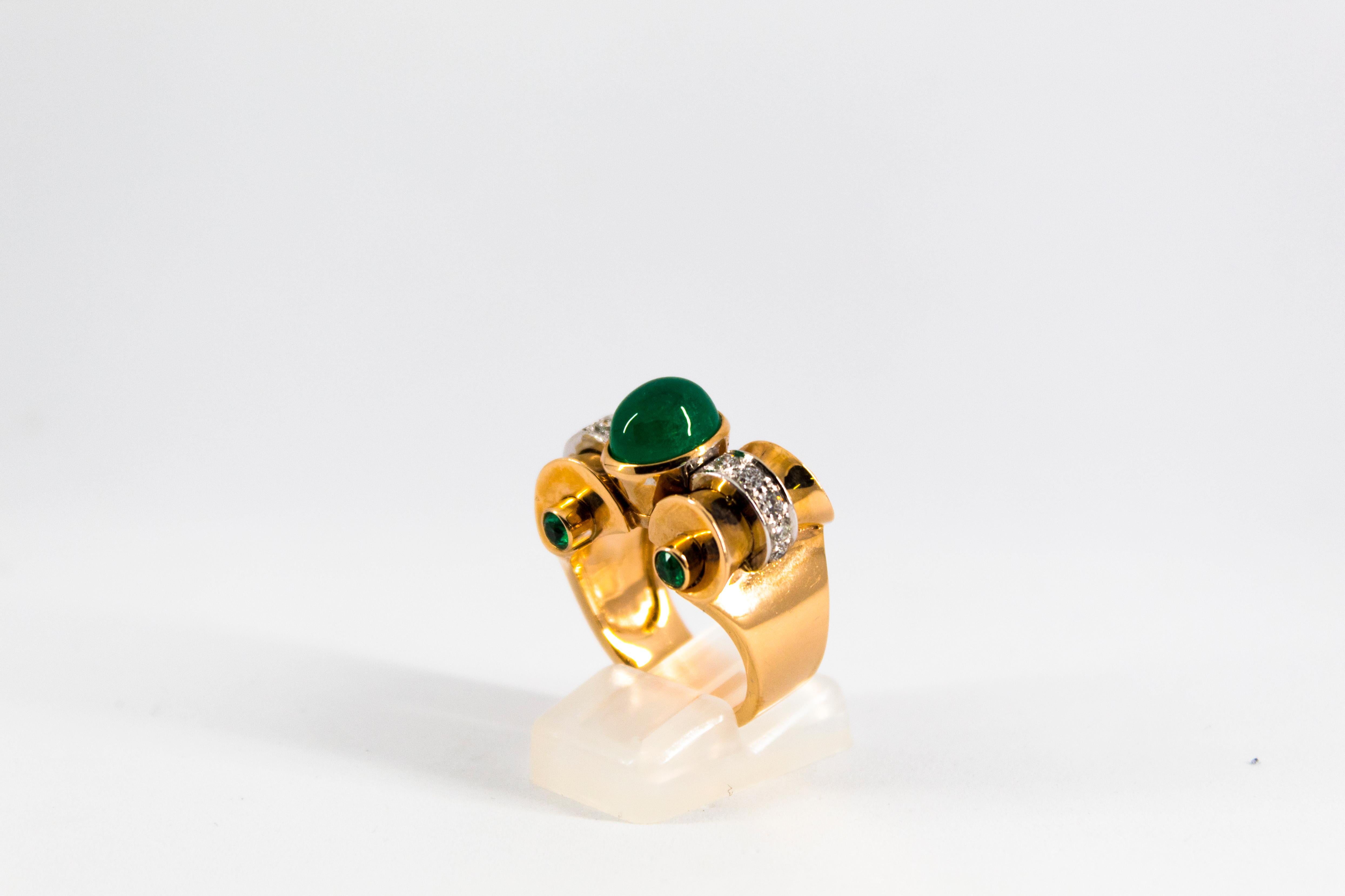 Renaissance 3.50 Carat Emerald 0.50 Carat White Diamond Yellow Gold Cocktail Ring For Sale