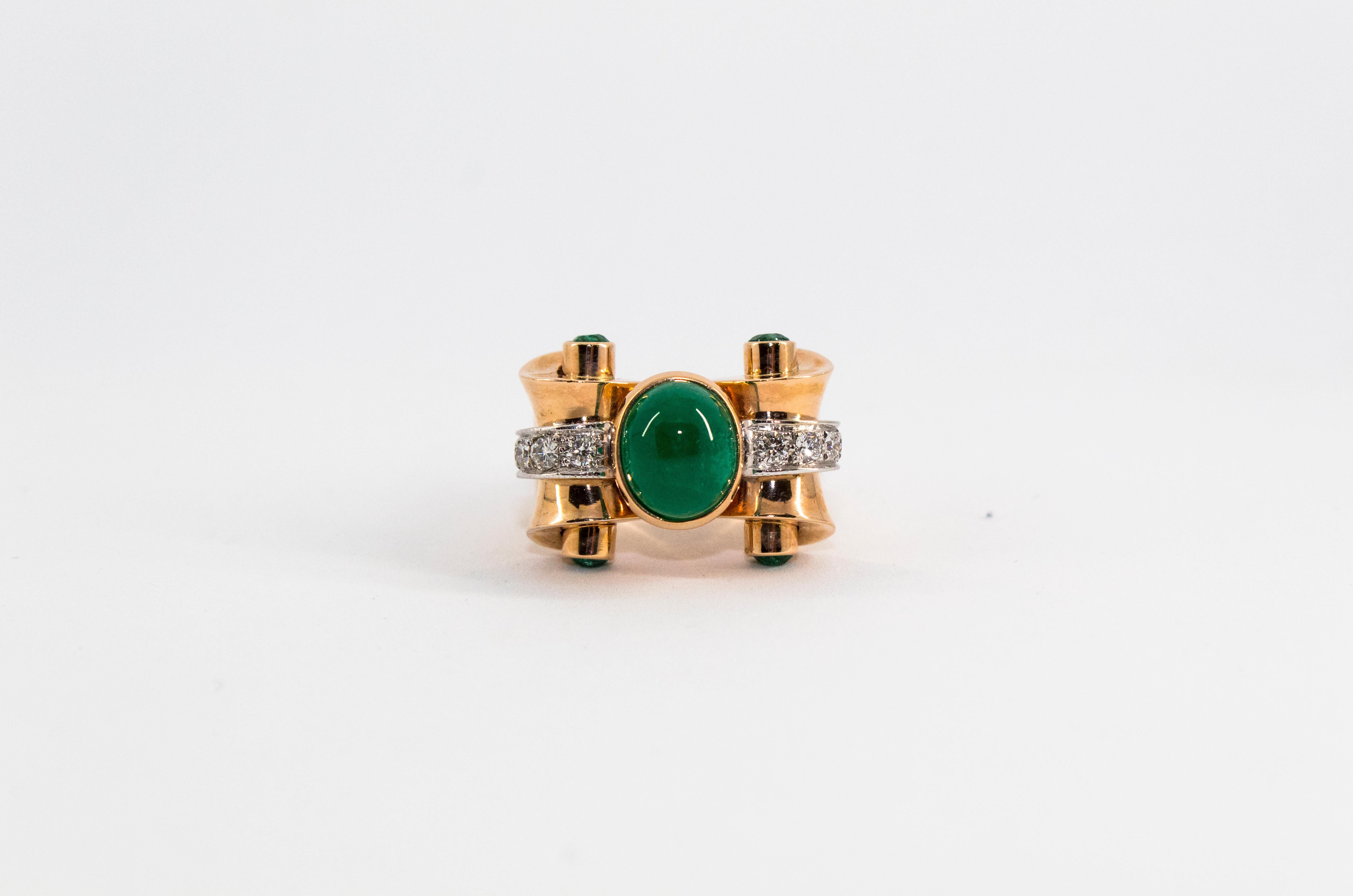 3.50 Carat Emerald 0.50 Carat White Diamond Yellow Gold Cocktail Ring For Sale 2