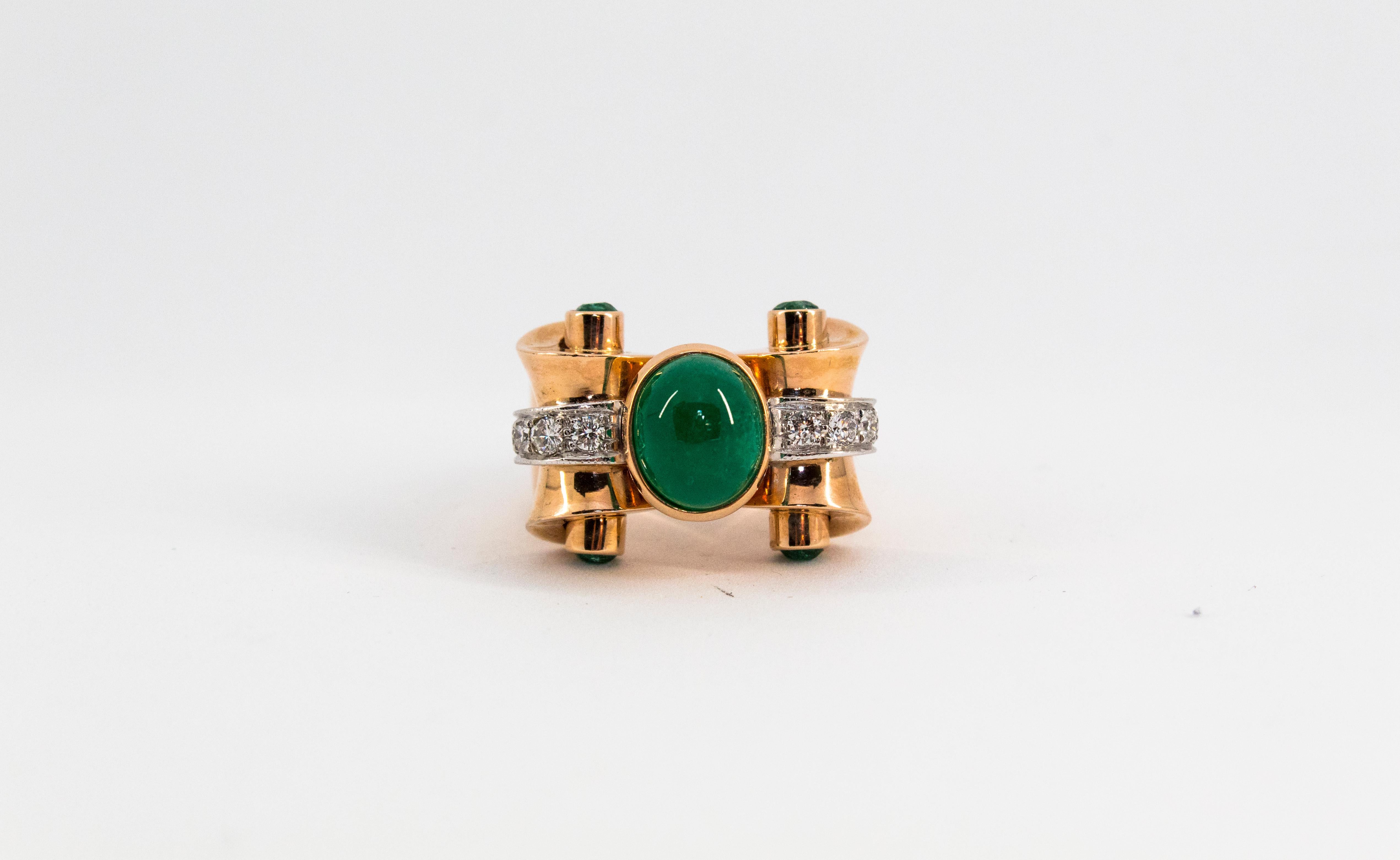 3.50 Carat Emerald 0.50 Carat White Diamond Yellow Gold Cocktail Ring For Sale 3