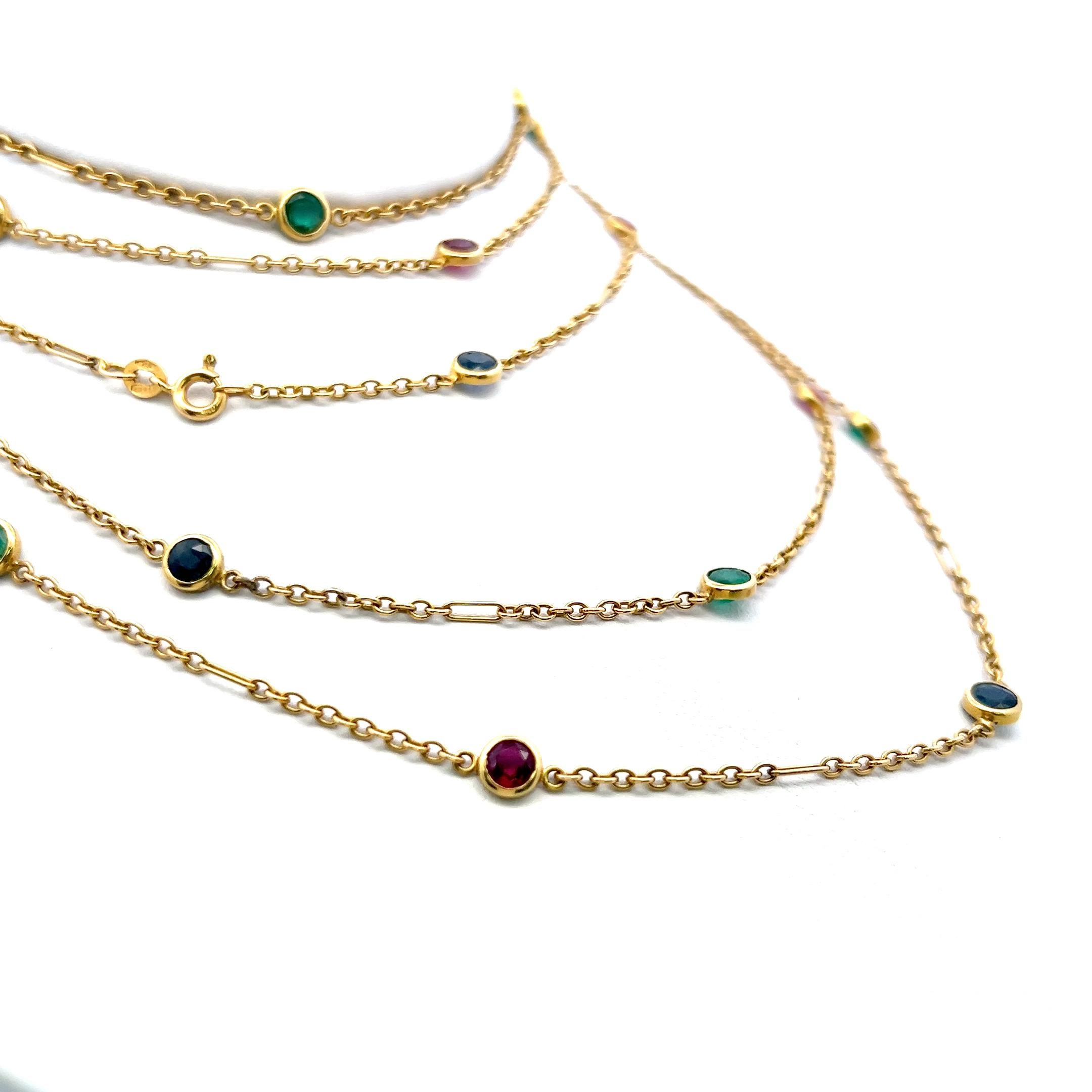 Taille brillant Collier à maillons en or 18 carats avec émeraude de 3,50 carats, rubis de 3,50 carats et saphirs de 3,50 carats en vente
