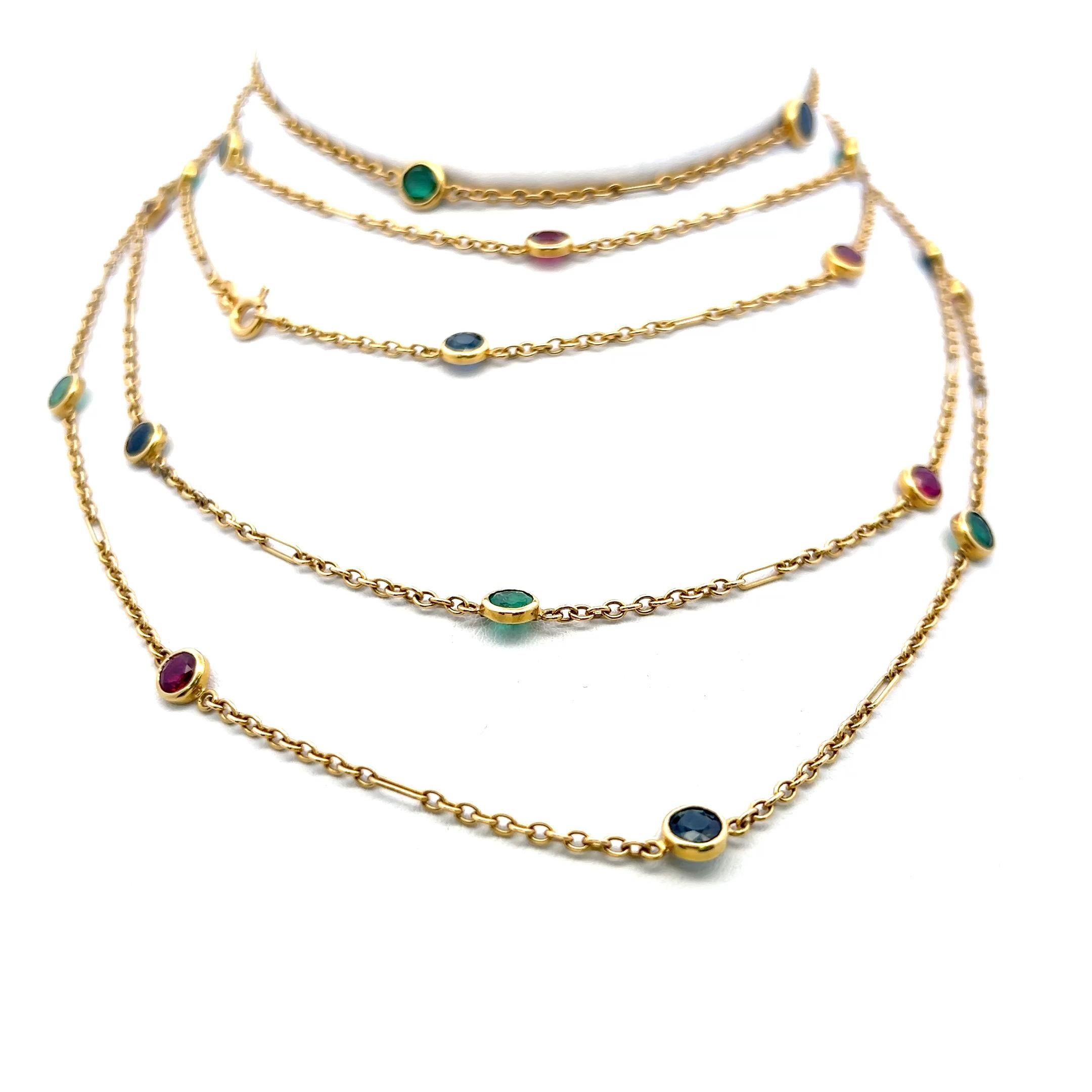 Collier à maillons en or 18 carats avec émeraude de 3,50 carats, rubis de 3,50 carats et saphirs de 3,50 carats Bon état - En vente à New York, NY