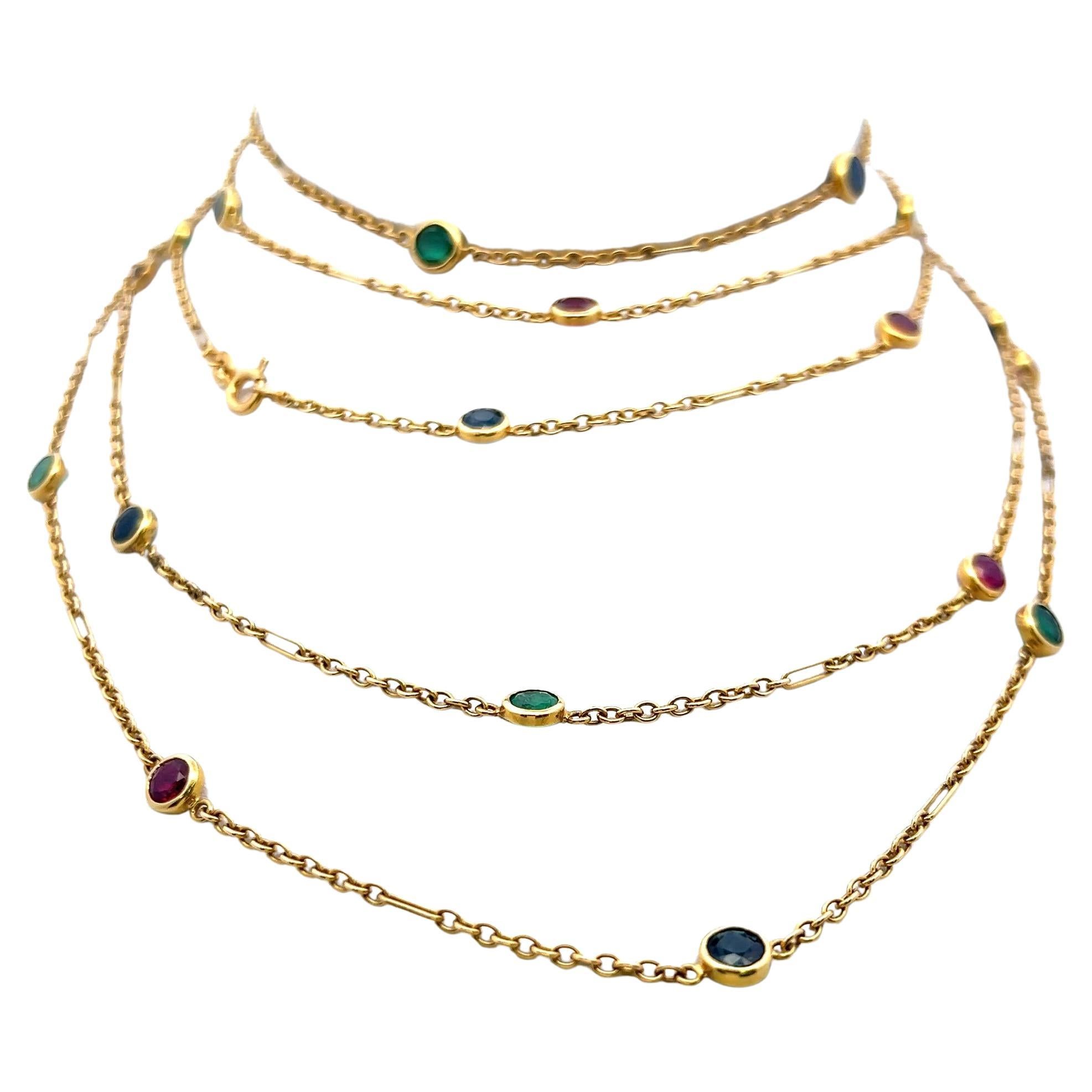 3.50 Carat Emerald 3.50 Carat Ruby 3.50 Carat Sapphire 18K Y-Gold Link Necklace