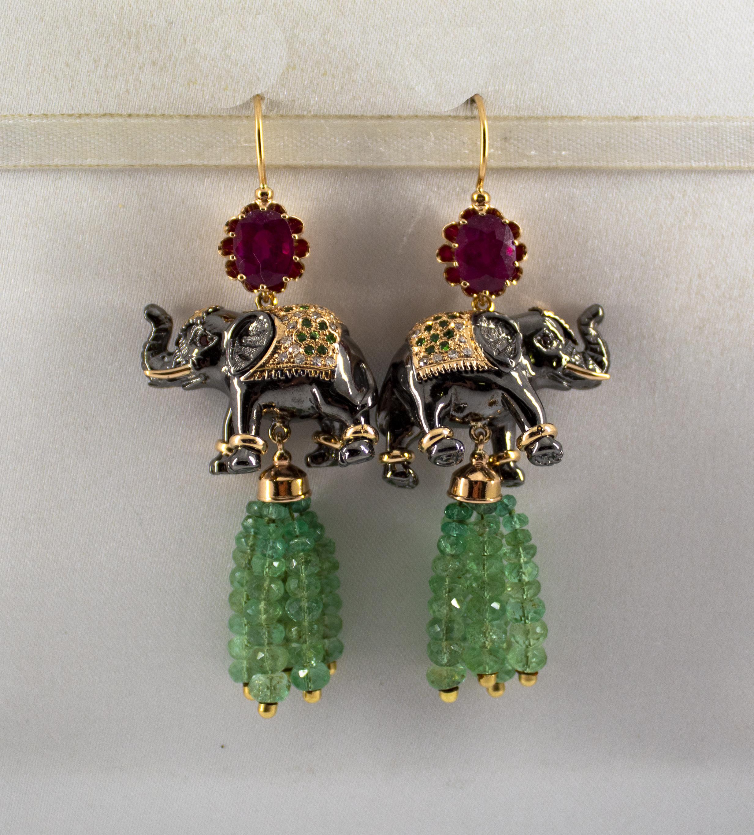 35.0 Carat Emerald 6.20 Carat Ruby Diamond Yellow Gold Elephant Stud Earrings 5