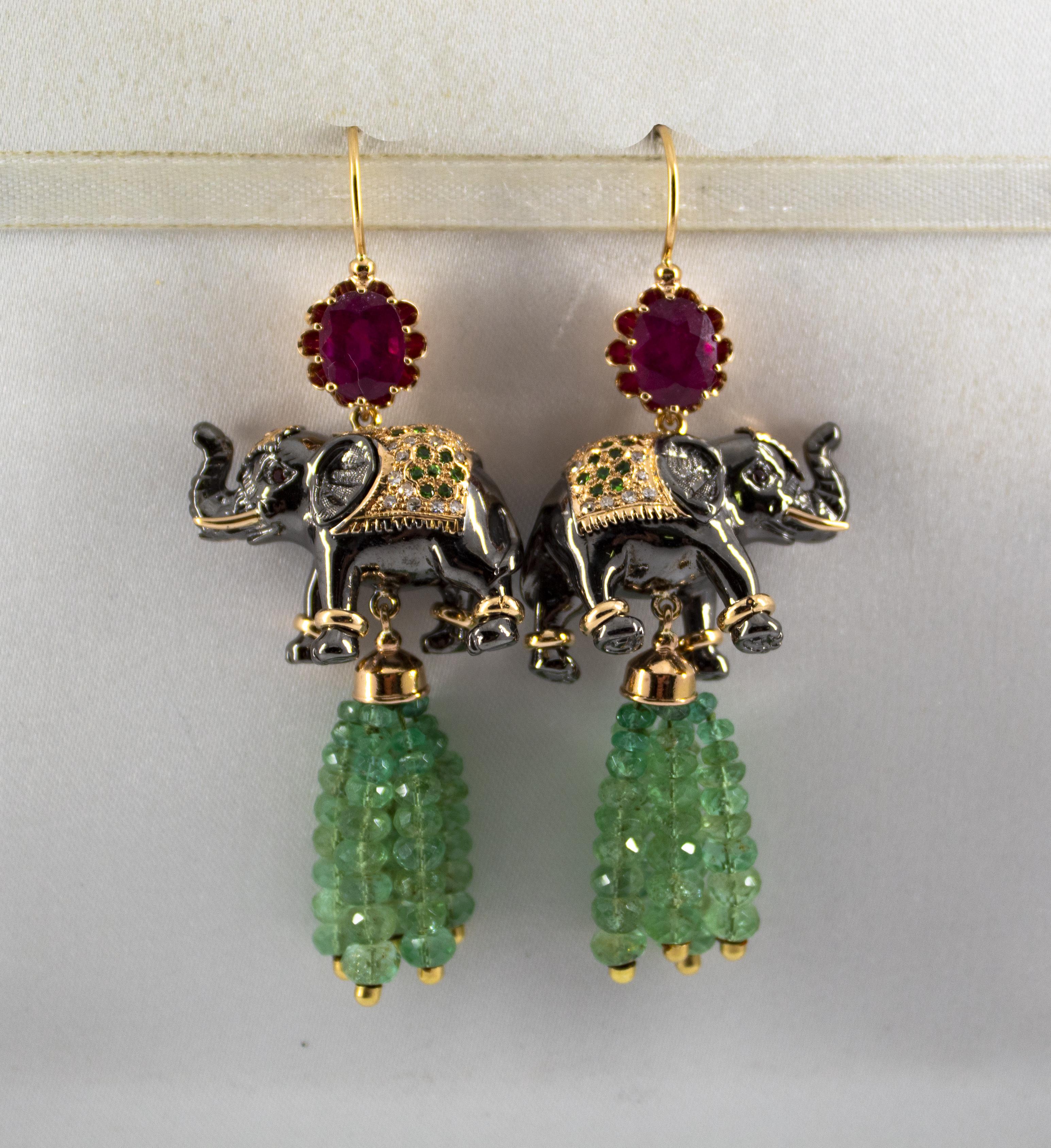 35.0 Carat Emerald 6.20 Carat Ruby Diamond Yellow Gold Elephant Stud Earrings 6
