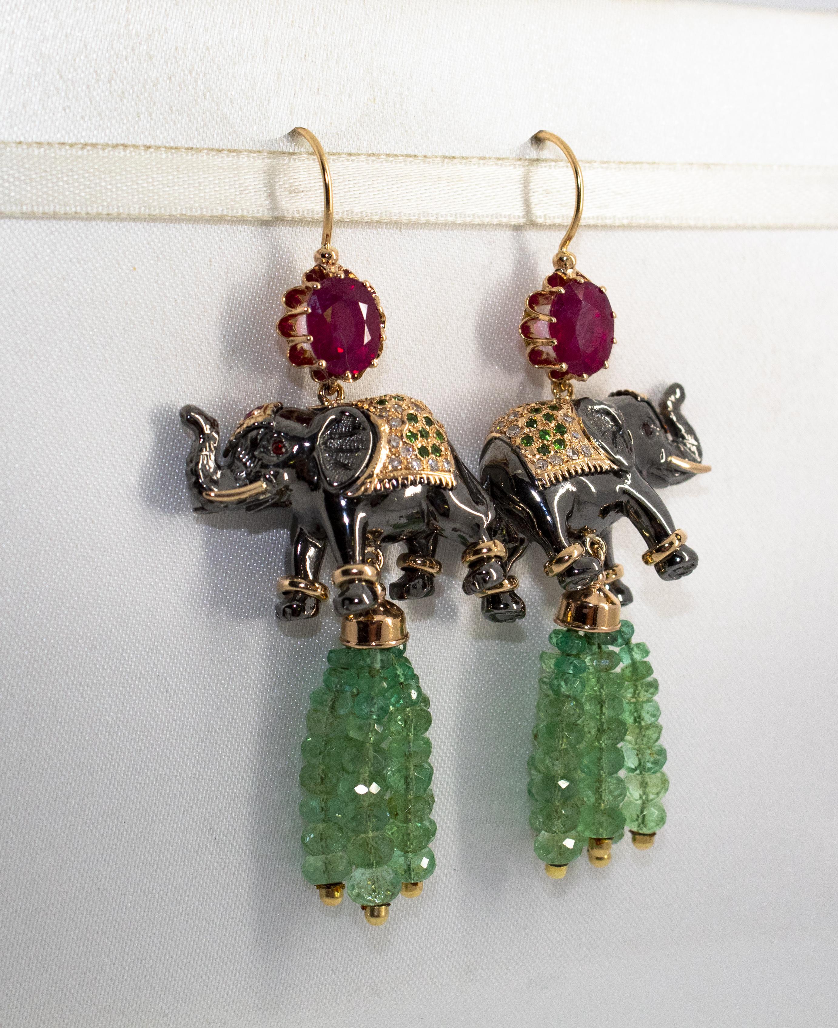 35.0 Carat Emerald 6.20 Carat Ruby Diamond Yellow Gold Elephant Stud Earrings 7