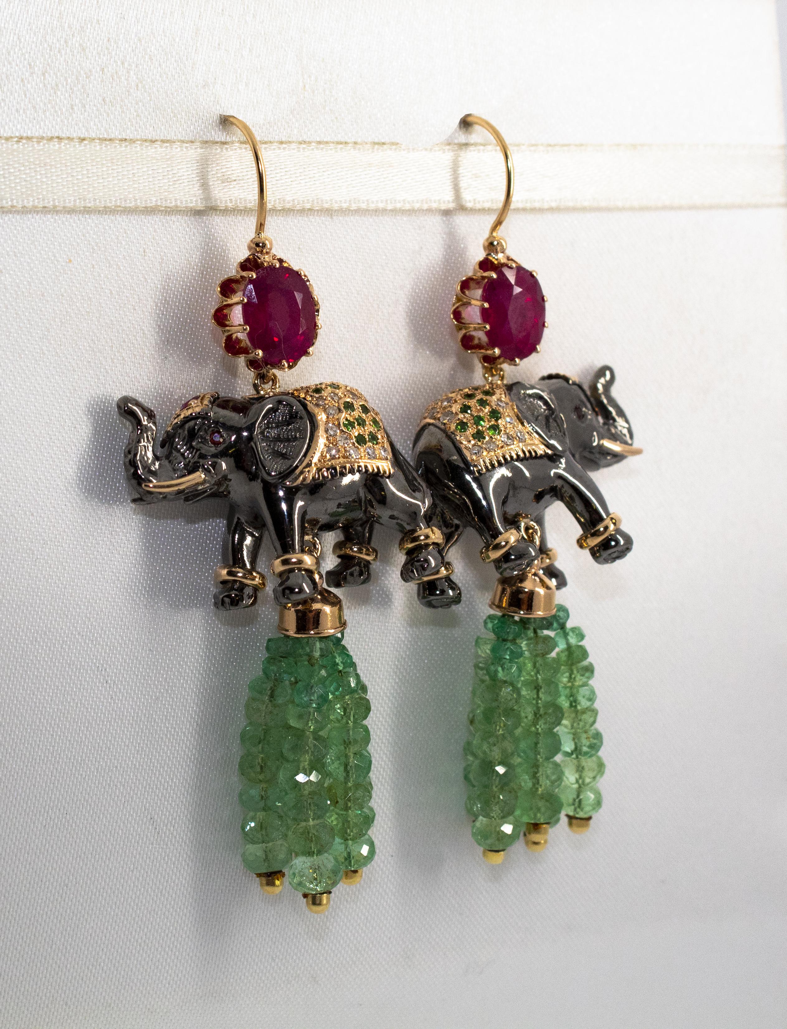 35.0 Carat Emerald 6.20 Carat Ruby Diamond Yellow Gold Elephant Stud Earrings 8