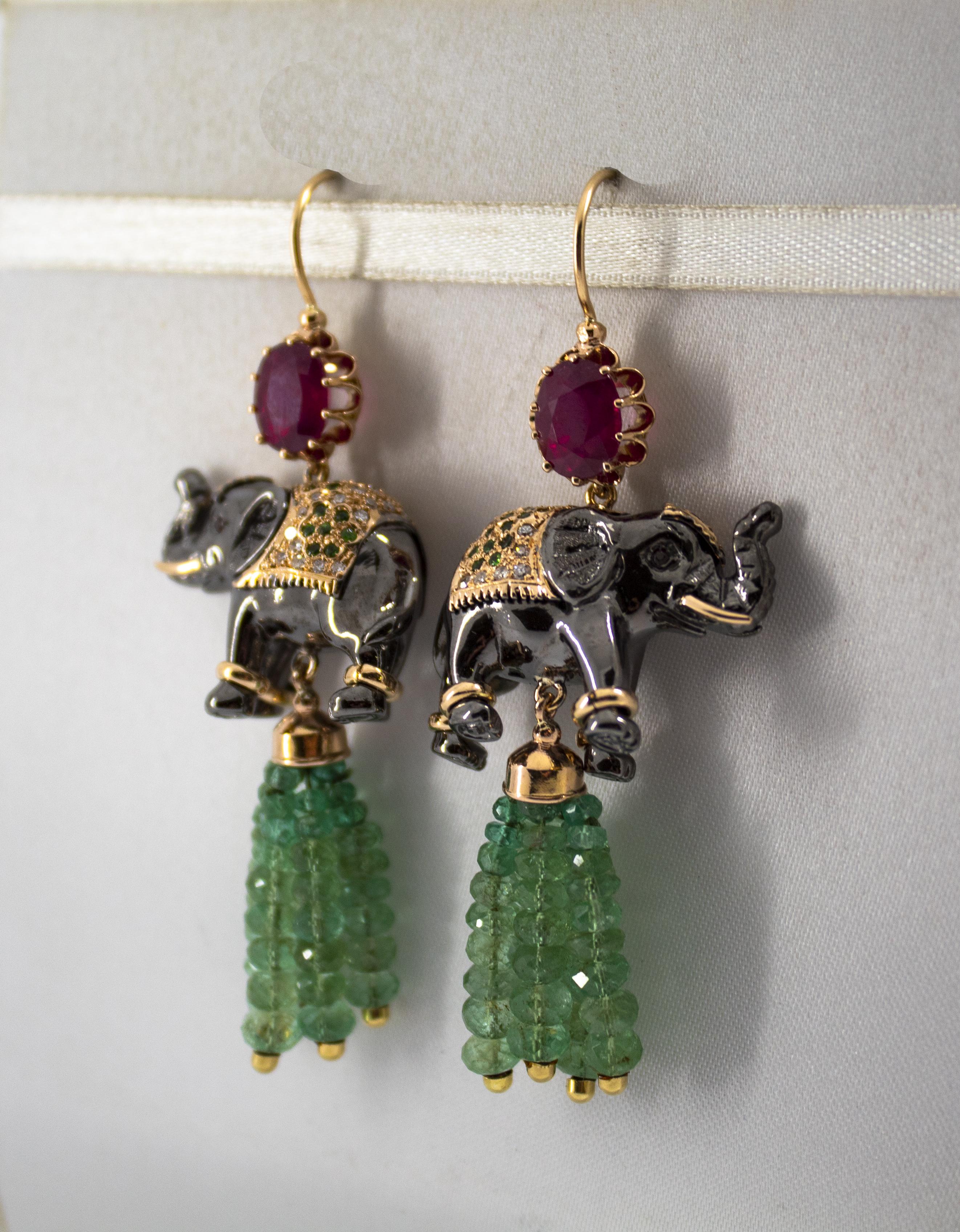 35.0 Carat Emerald 6.20 Carat Ruby Diamond Yellow Gold Elephant Stud Earrings 10