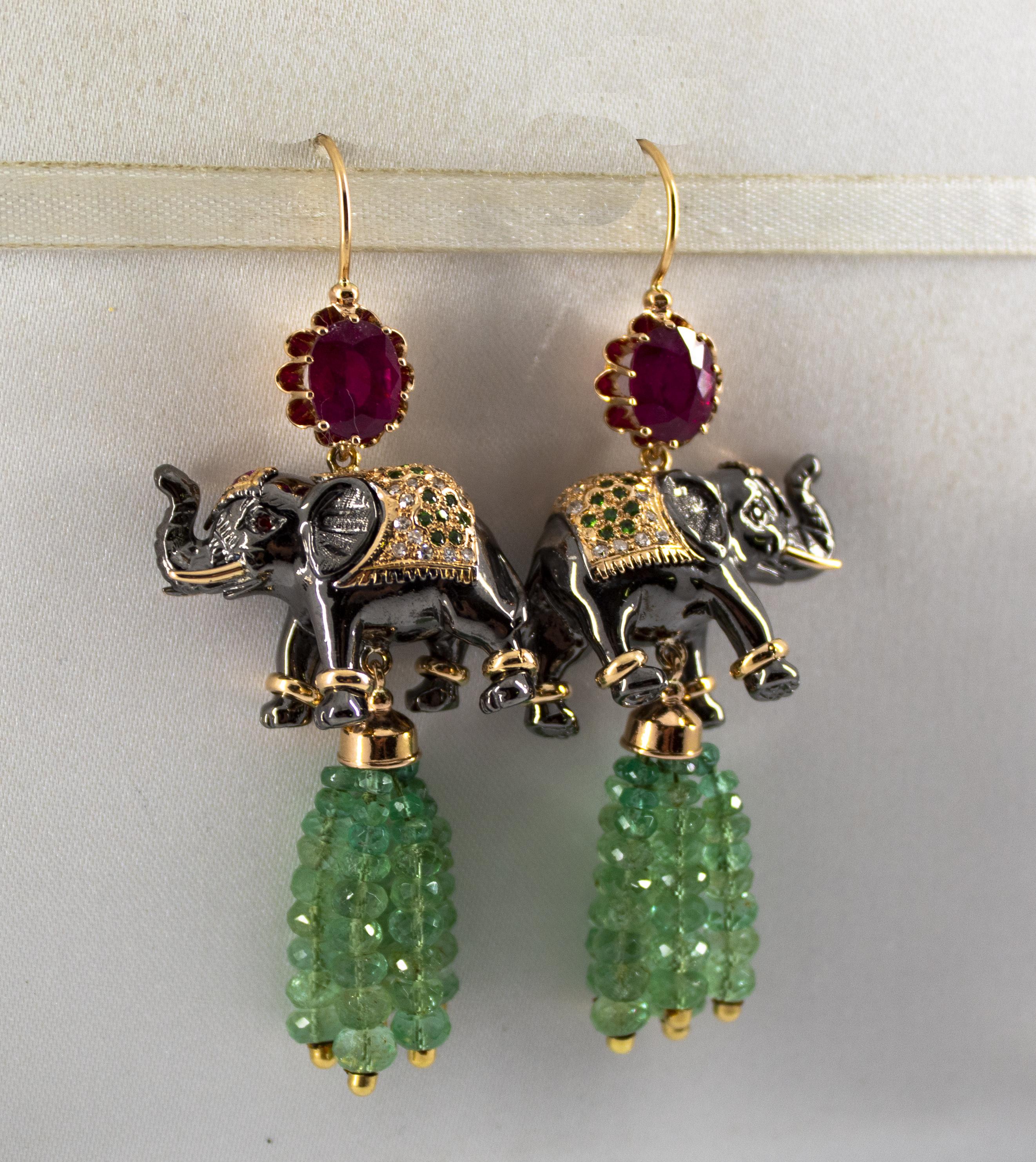 35.0 Carat Emerald 6.20 Carat Ruby Diamond Yellow Gold Elephant Stud Earrings 1