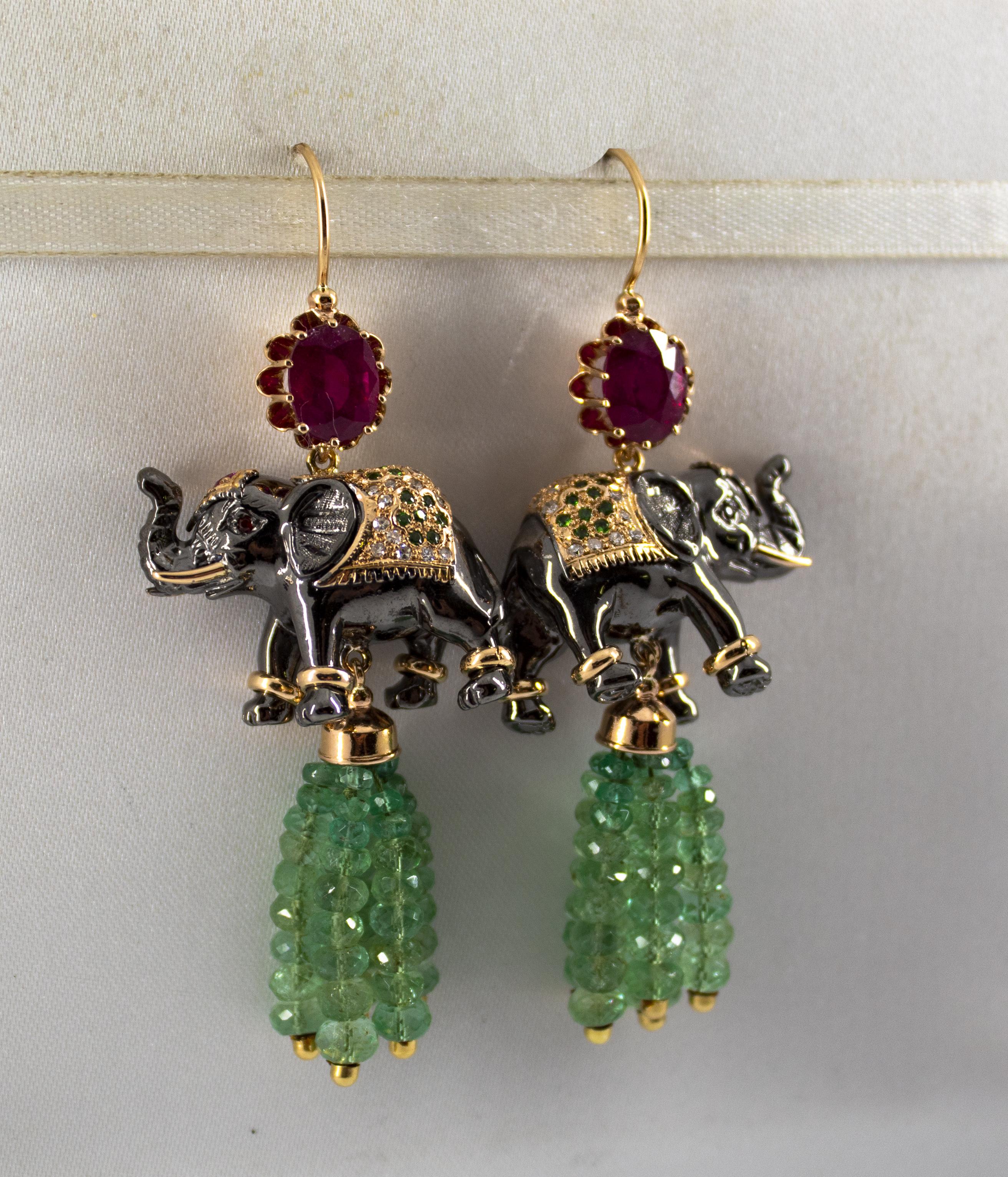 35.0 Carat Emerald 6.20 Carat Ruby Diamond Yellow Gold Elephant Stud Earrings 2