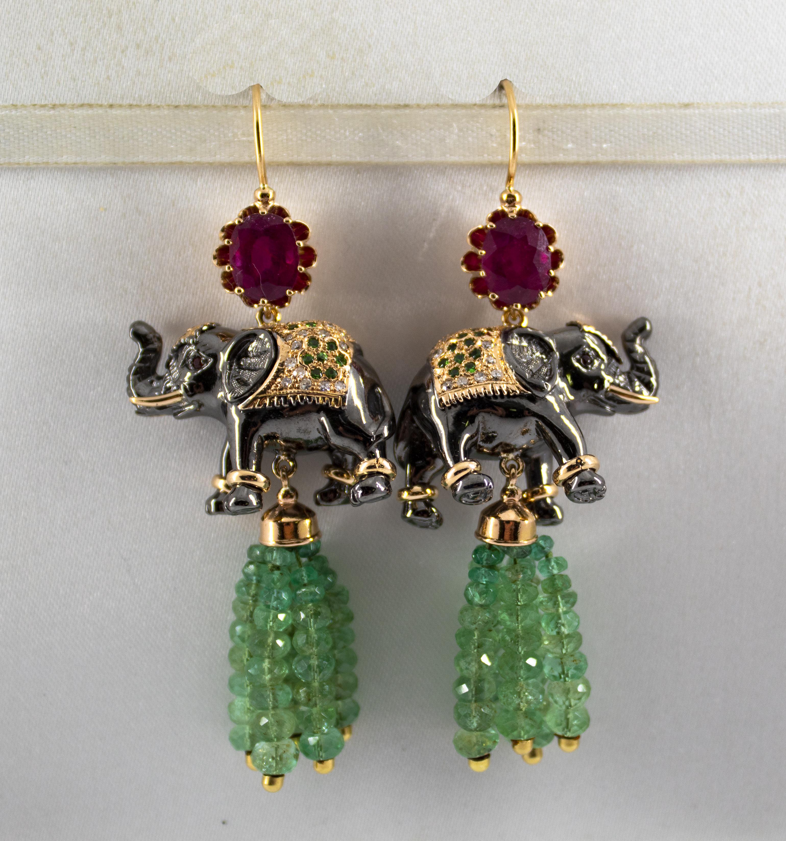 35.0 Carat Emerald 6.20 Carat Ruby Diamond Yellow Gold Elephant Stud Earrings 3