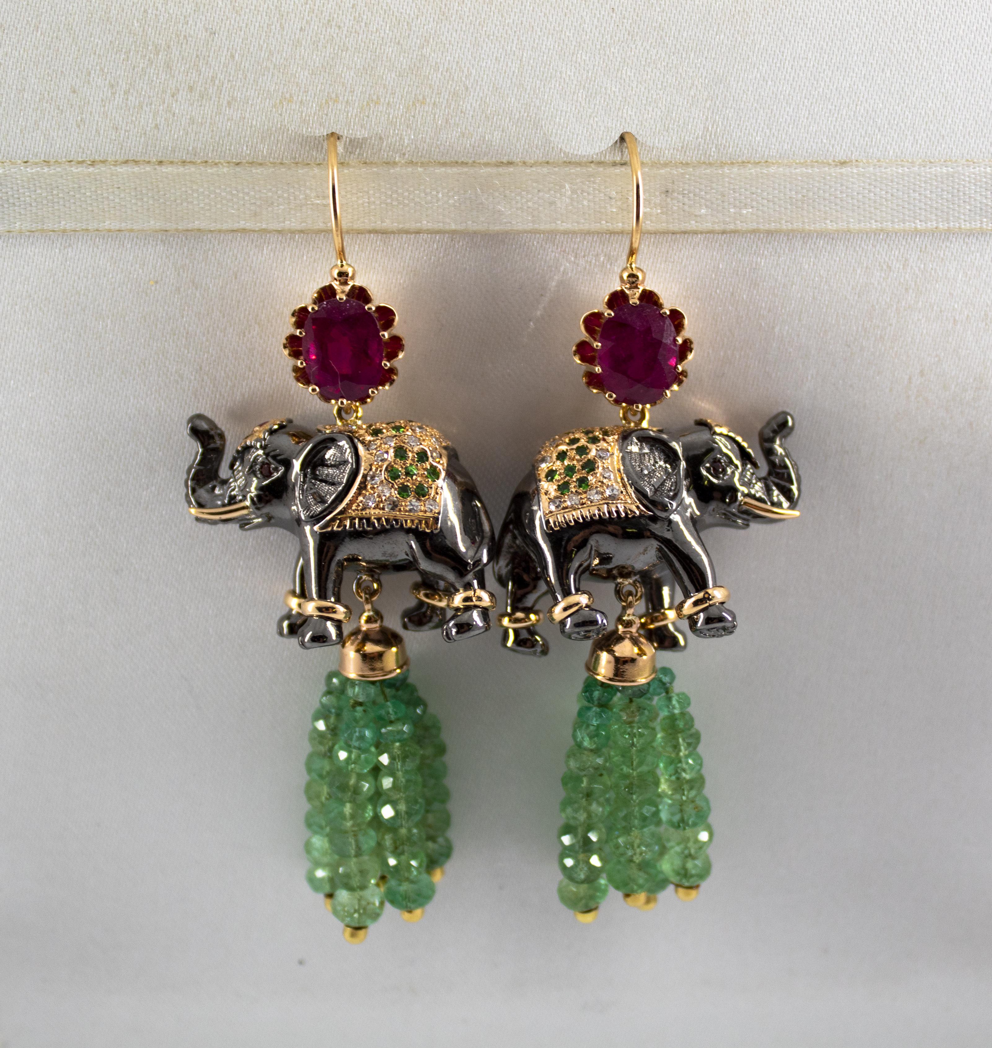 35.0 Carat Emerald 6.20 Carat Ruby Diamond Yellow Gold Elephant Stud Earrings 4