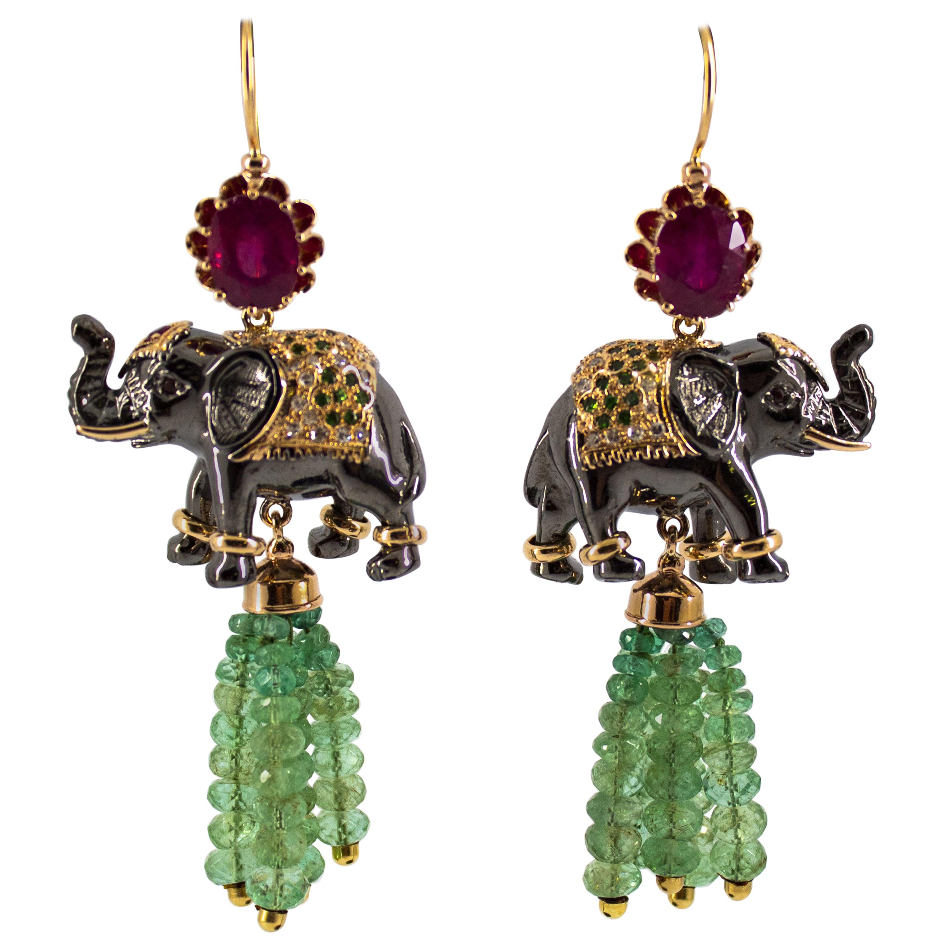 35.0 Carat Emerald 6.20 Carat Ruby Diamond Yellow Gold Elephant Stud Earrings