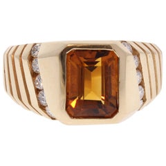 3.50 Carat Emerald Cut Citrine and Diamond Cocktail Ring in 14 Karat Yellow Gold