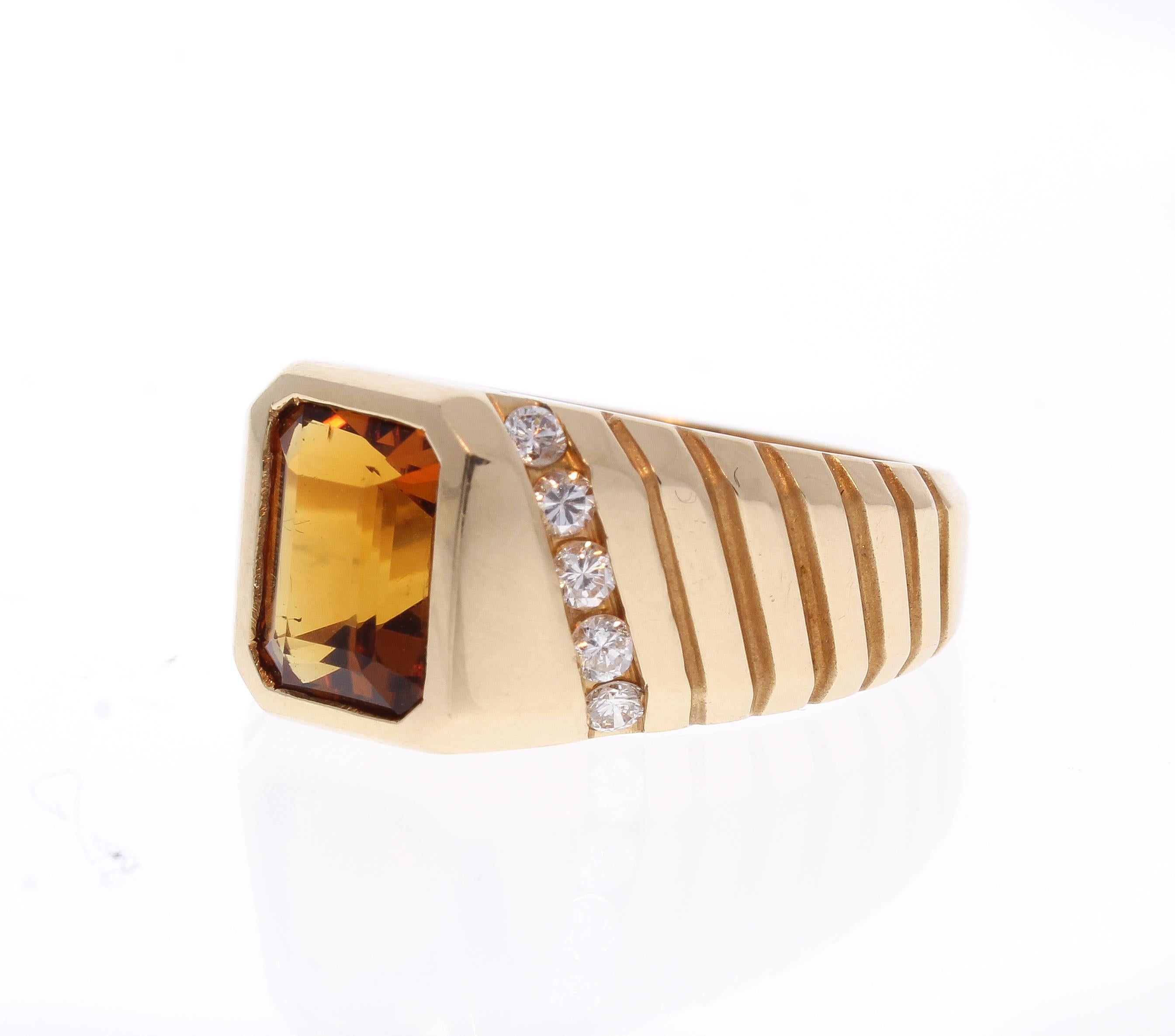Contemporary 3.50 Carat Emerald Cut Citrine and Diamond Cocktail Ring in 14 Karat Yellow Gold