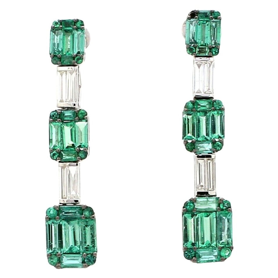 Pendientes Baguette Cuadrados de Oro de 14 Kilates con Diamante Esmeralda de 3,50 quilates