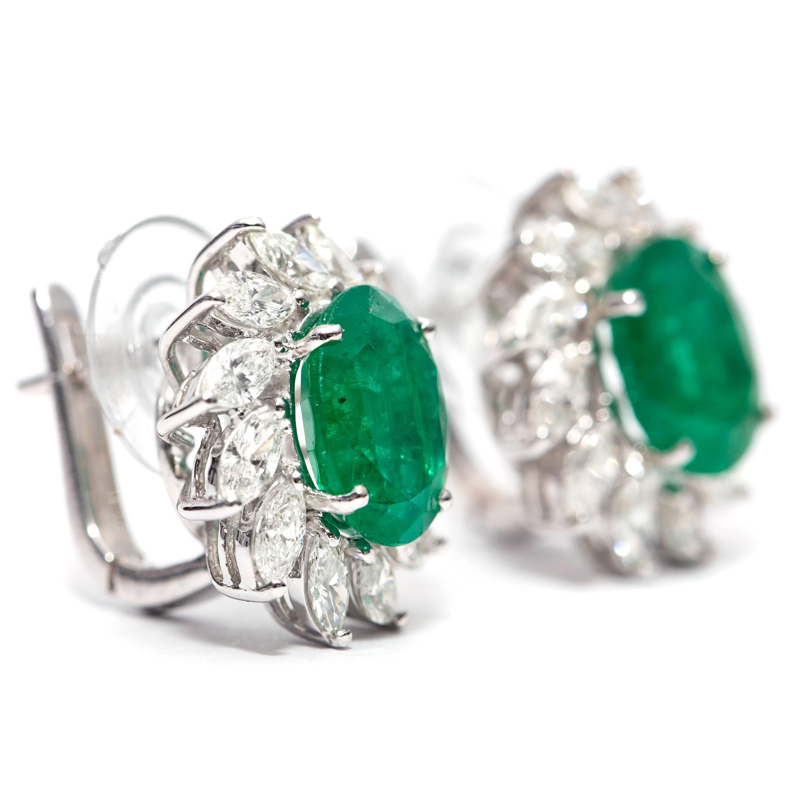 Modern 3.50 Carat Green Emerald 1.50 Carat Marquise Shaped 18 KT Gold Diamond Earrings