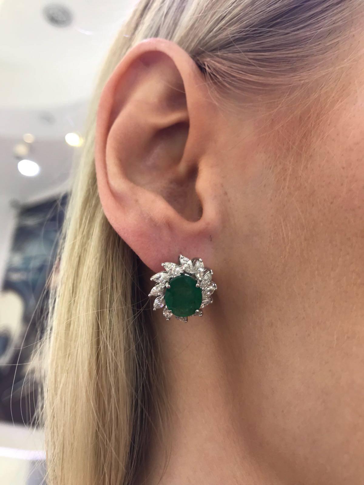 3.50 Carat Green Emerald 1.50 Carat Marquise Shaped 18 KT Gold Diamond Earrings 1
