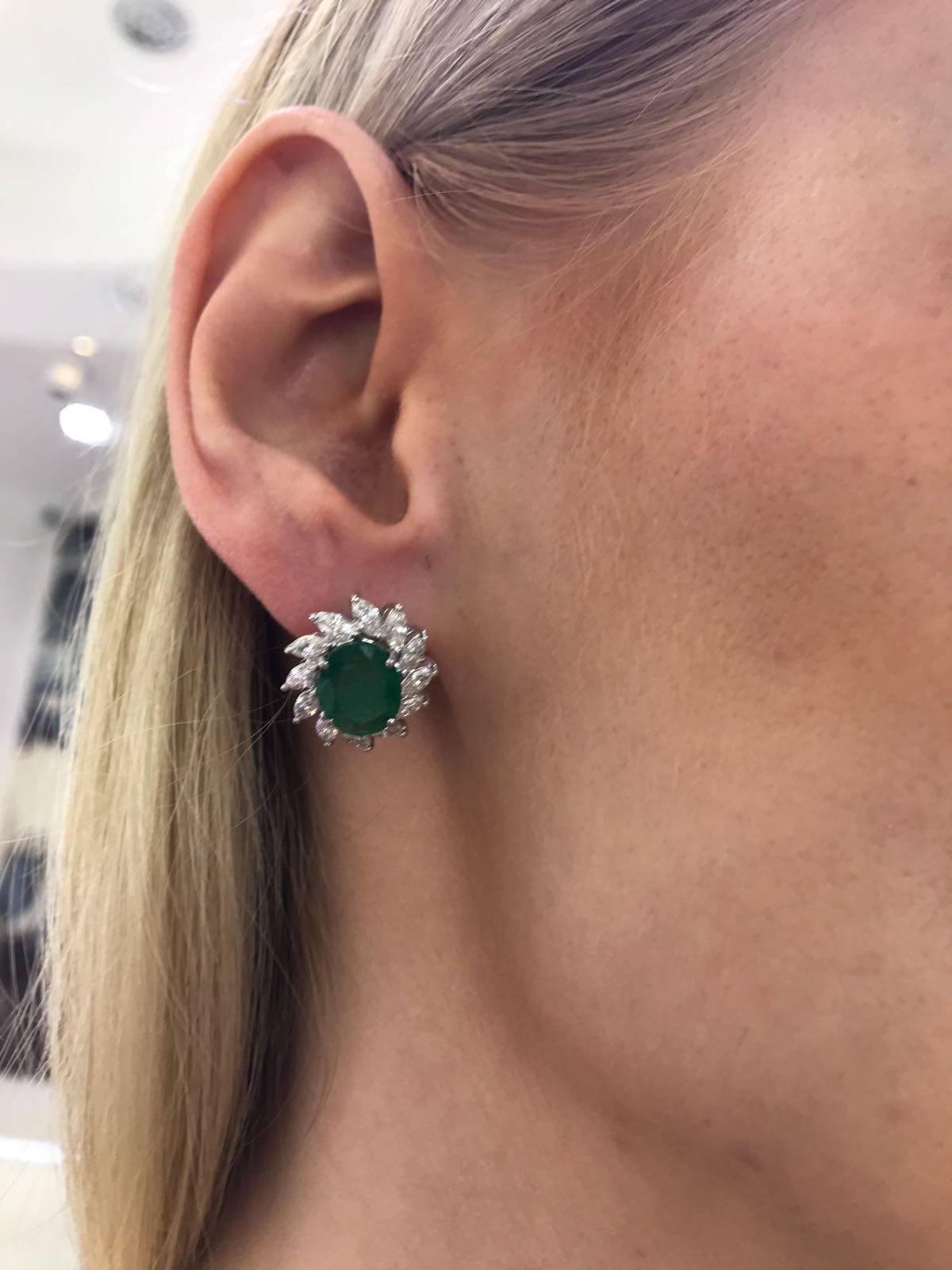 3.50 Carat Green Emerald 1.50 Carat Marquise Shaped 18 KT Gold Diamond Earrings 2