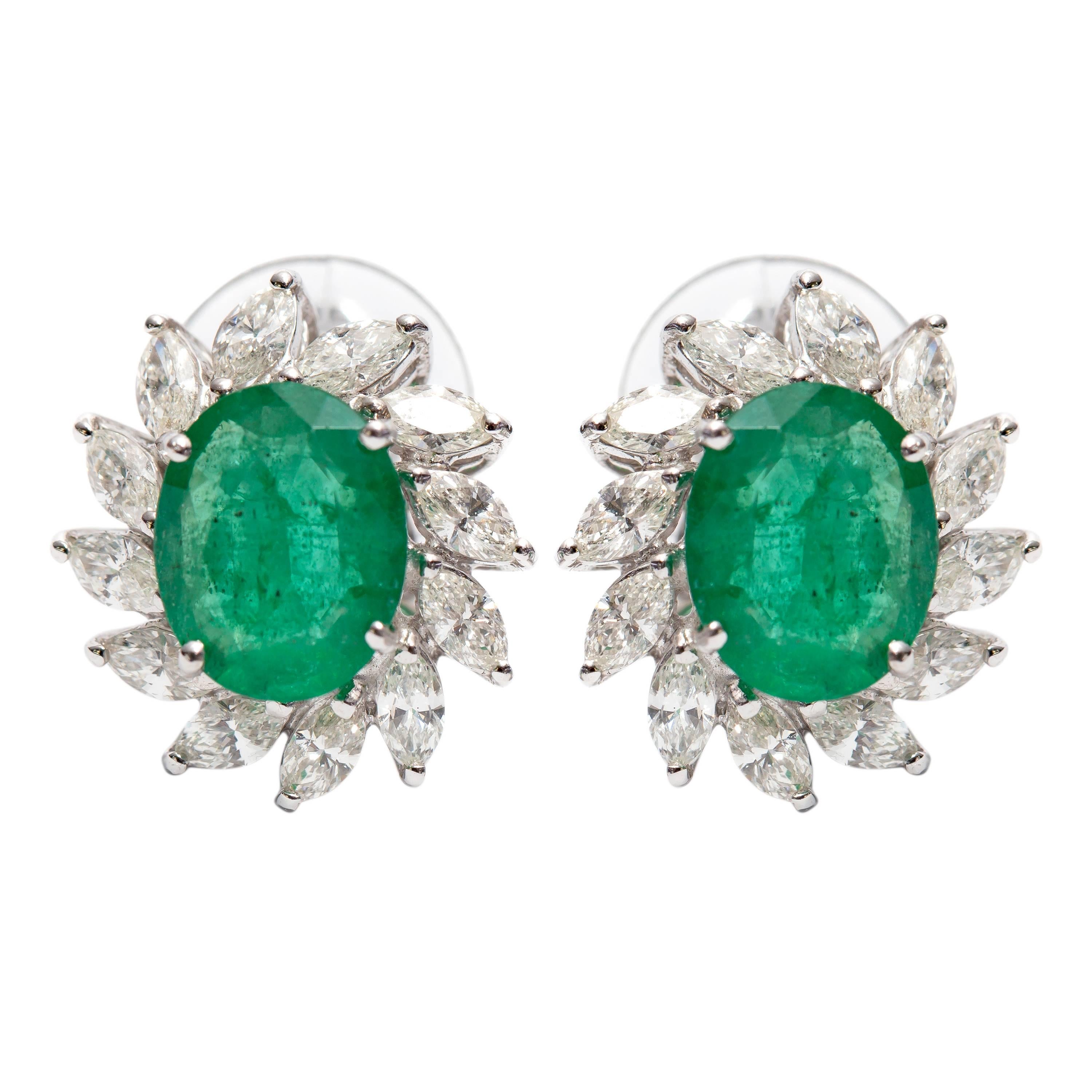 3.50 Carat Green Emerald 1.50 Carat Marquise Shaped 18 KT Gold Diamond Earrings