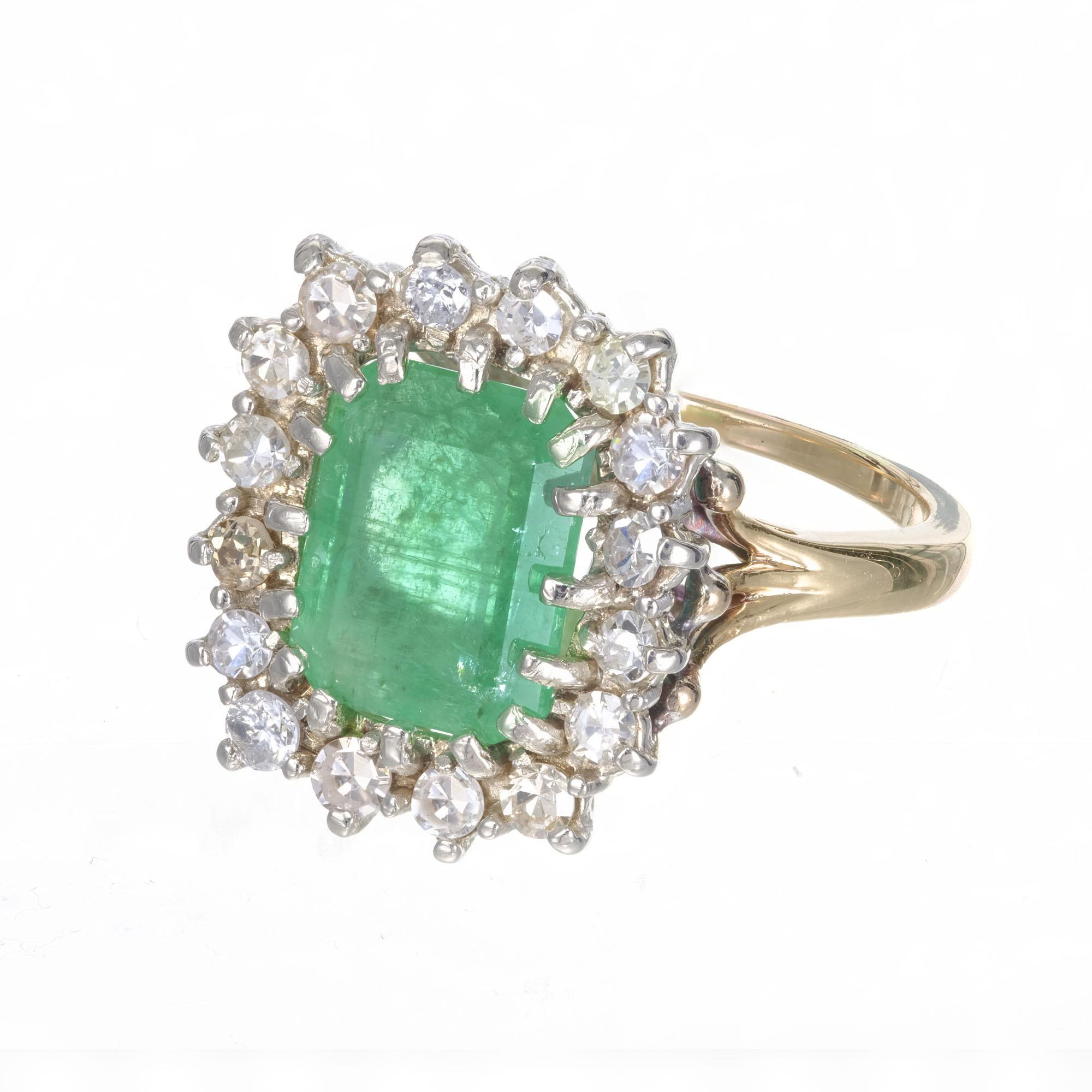 Emerald Cut 3.50 Carat Green Emerald Round Diamond Halo Gold Ring