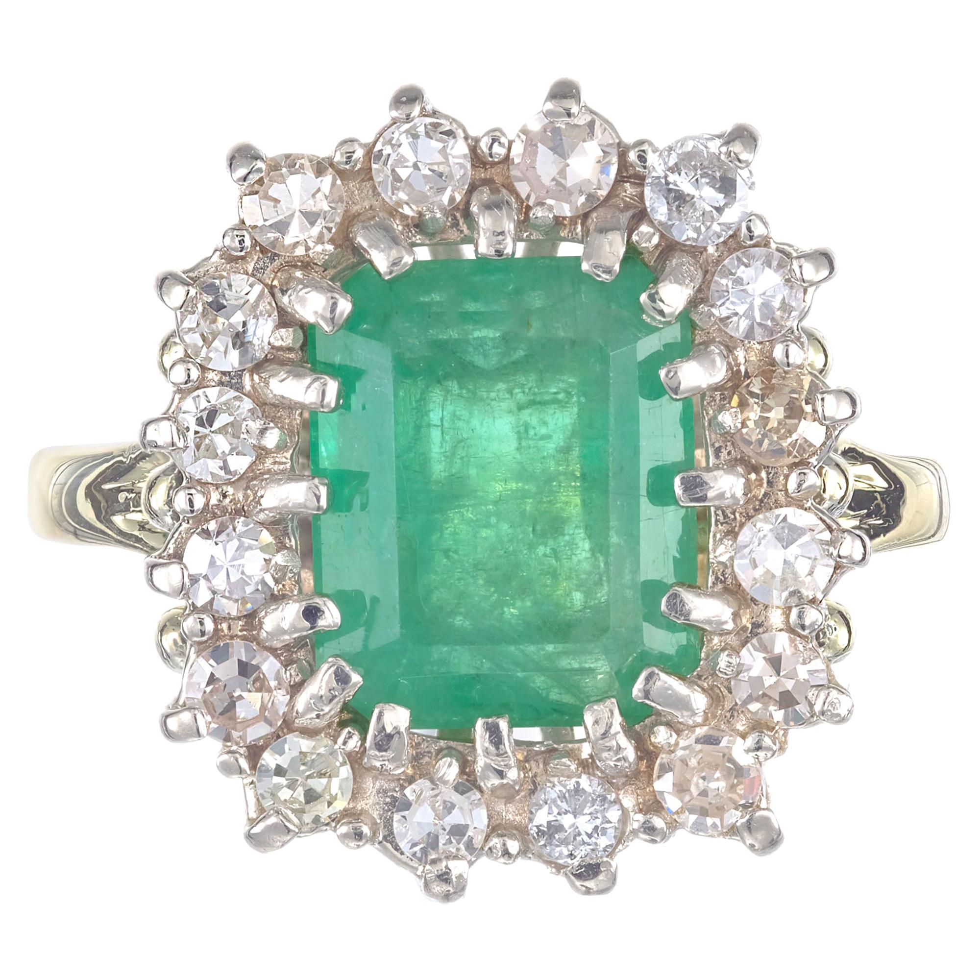 3.50 Carat Green Emerald Round Diamond Halo Gold Ring