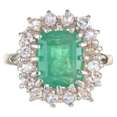 Vintage 3.50 Carat Green Emerald Round Diamond Halo Gold Ring