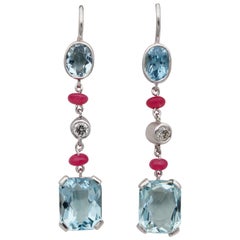 3.50 Carat Natural Aquamarine Ruby Diamond Drop Platinum Earrings