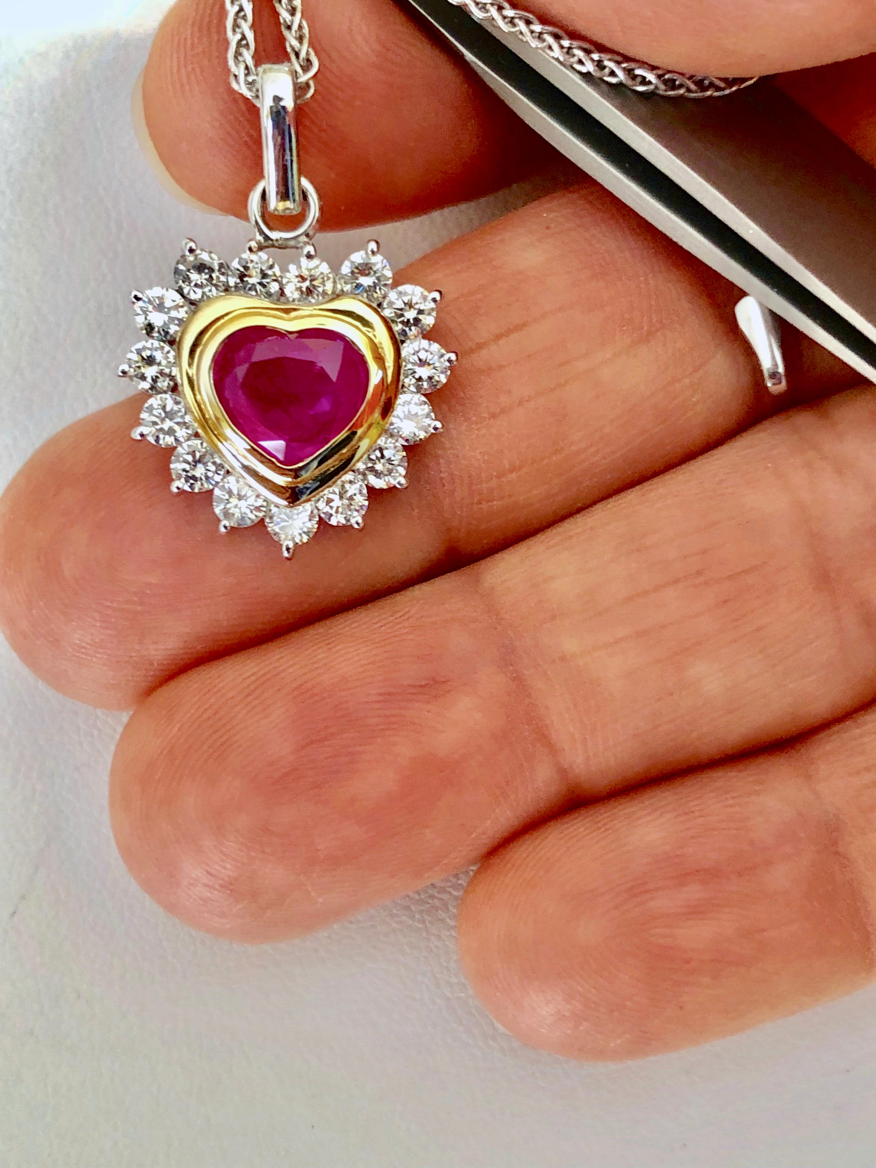 Heart Cut 3.50 Carat Natural Burma Ruby Diamonds Heart Pendant 18 Karat For Sale