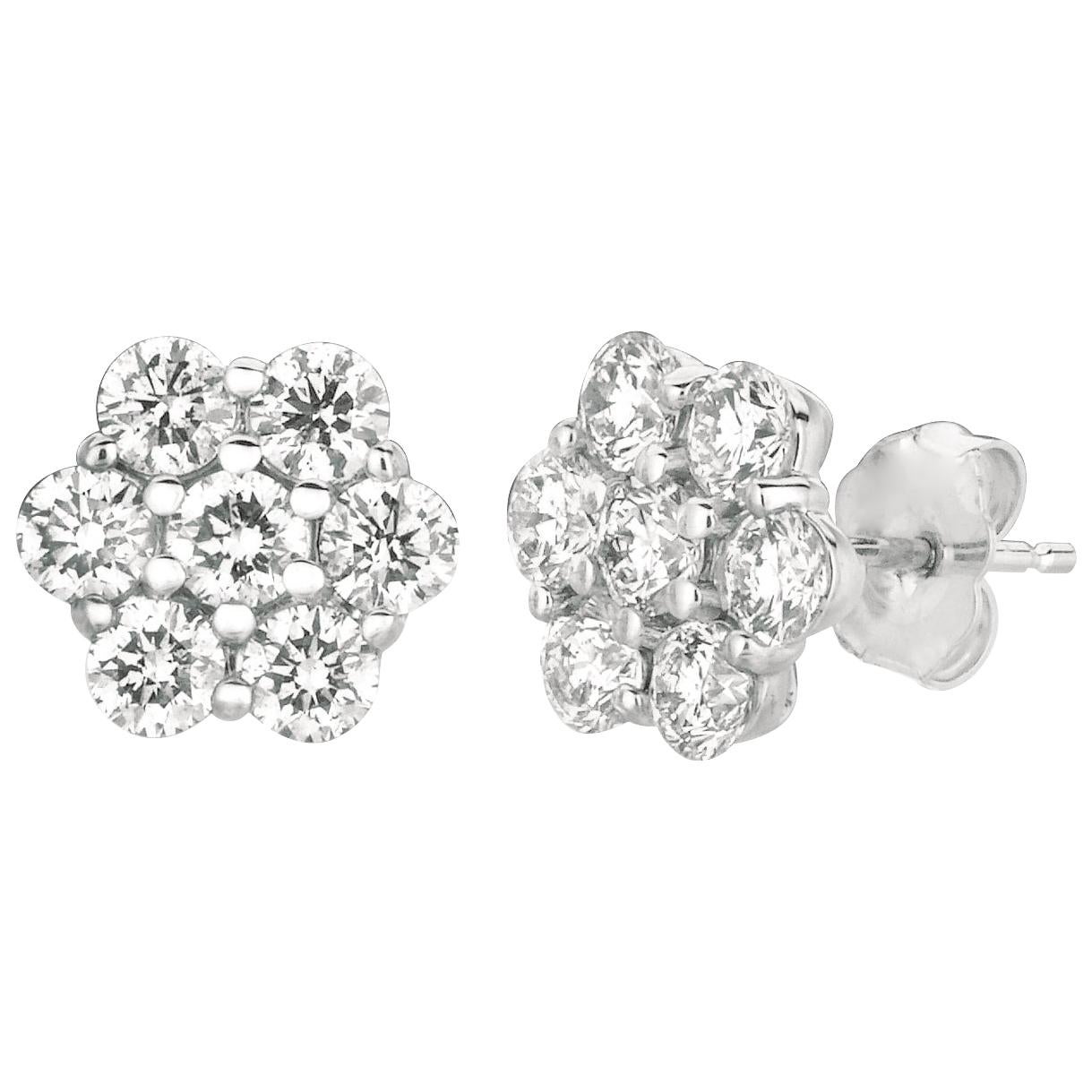 3.50 Carat Natural Diamond Flower Earrings G SI 14 Karat White Gold  For Sale