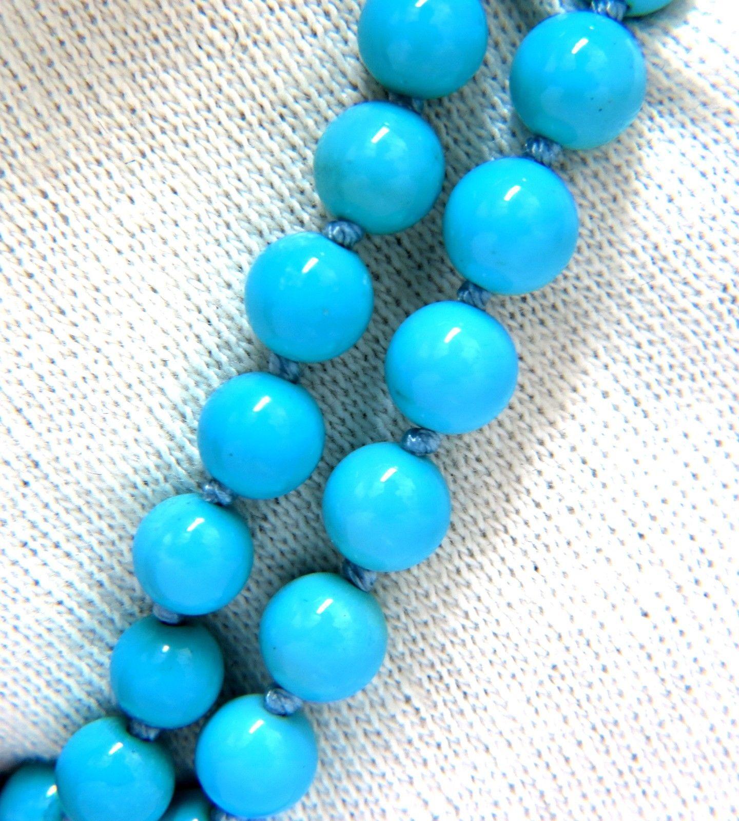Baguette Cut 3.50 Carat Natural Diamonds Turquoise Beads Double Stranded Necklace 14 Karat